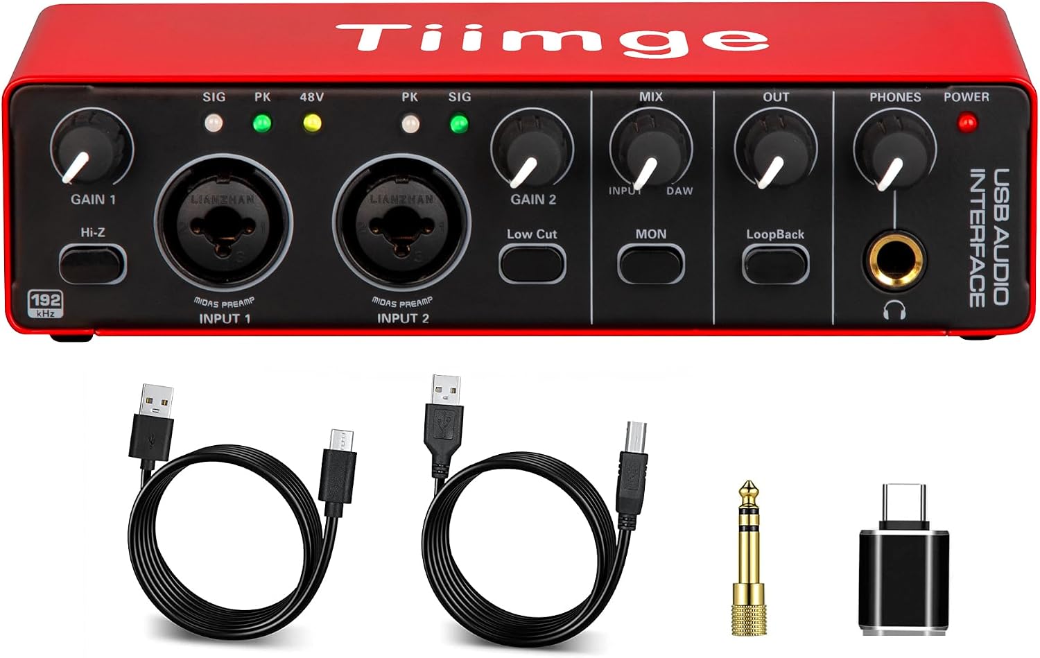 USB Audio Interface for PC, 2x2 Recording Interface with 48V Phantom Power, 24Bit/192kHz Studio Sound, XLR/TRS Inputs, Low Latency Monitoring for Guitar, Podcast, Music Production & Home Studio