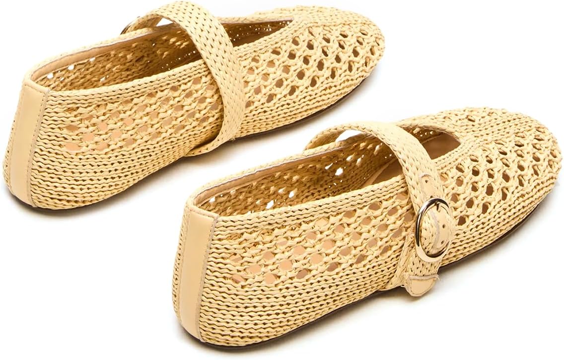 Woven Ballet Flats Women Mesh Raffia Flats Round Toe Mary Janes Comfortable Ballerina Flat Shoes - Image 7