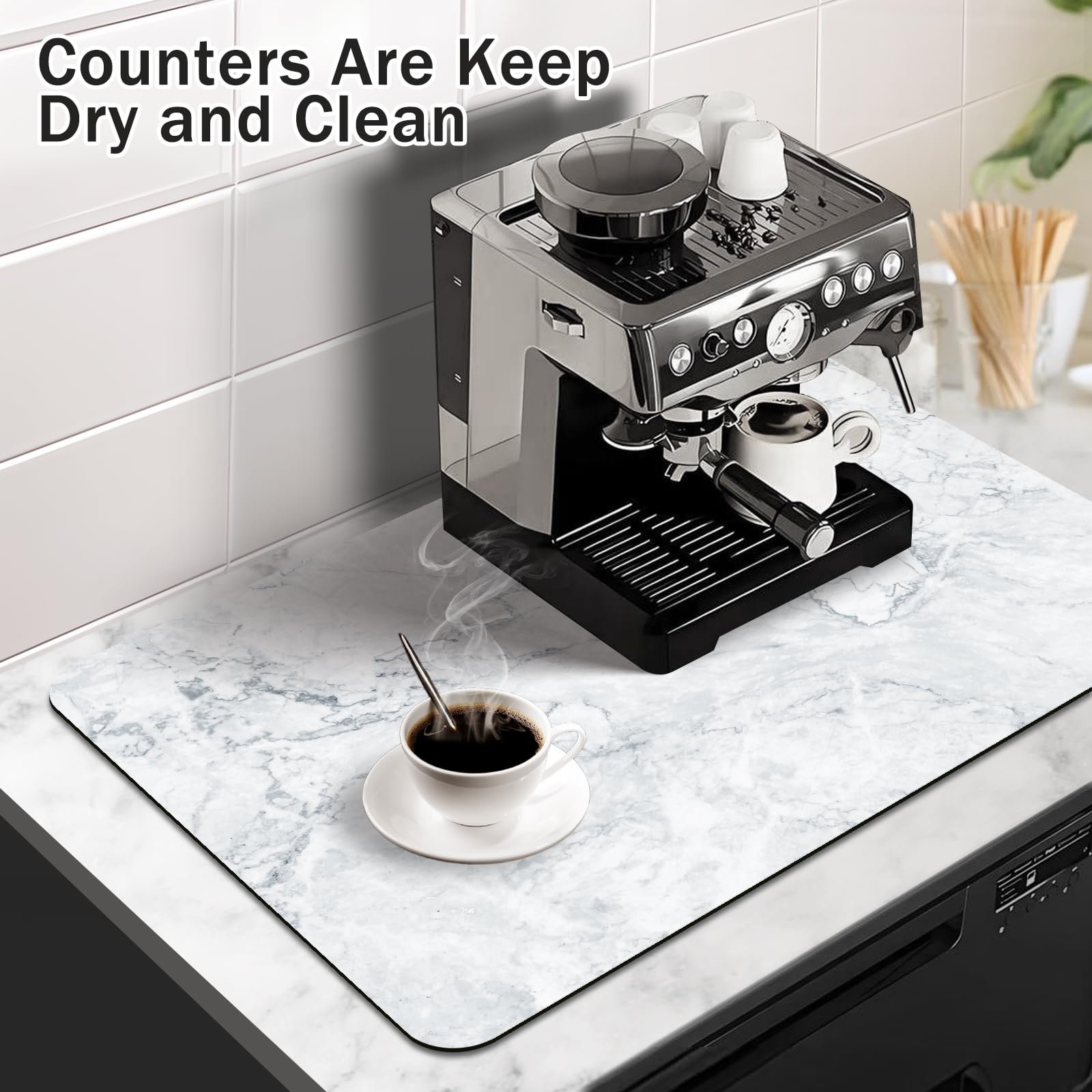 Dish Drying & Coffee Bar Mat | 22.83"x14.96" White Marble Pattern, Absorbent, Heat Resistant, Non-Slip Back - View #2