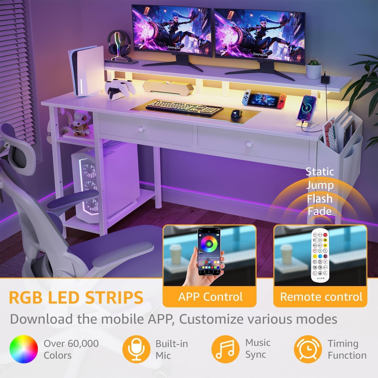 DLisiting Black Gaming Desk with Shelves and Drawers - 39 Inch Small Gaming Desk with Storage Shelves for Boys Teens Bedroom, Black Computer Desks with Drawers, Monitor Stand, Power Outlet: White 47.2"