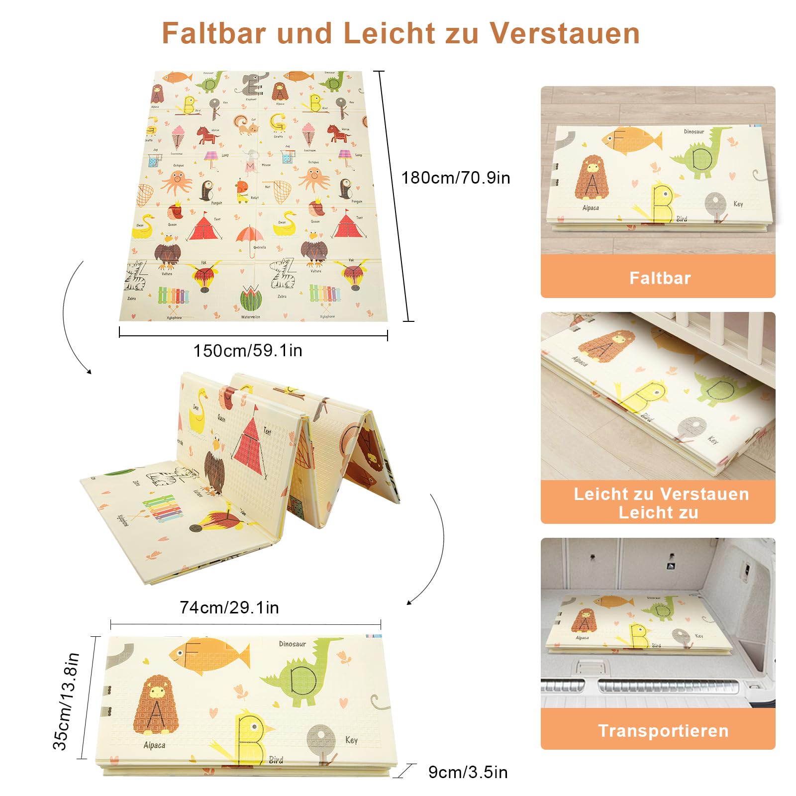 Faltbare Baby-Spielmatte – Extra große, wasserdichte Krabbelmatte aus weichem Schaumstoff, rutschfeste und tragbare Bodenspielmatte für Säuglinge und Kleinkinder (A - 180 x 200 cm)