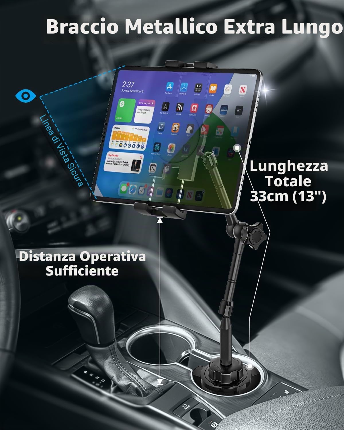 Ultra-flessibile Supporto Tablet Auto Portabicchieri - [Braccio Magico Regolabile in Alluminio] Supporto Coppa Tazza Camion Veicolo per Tablet, Cellulari, iPad, Galaxy Tab, Fire, iPhone, 4-13"