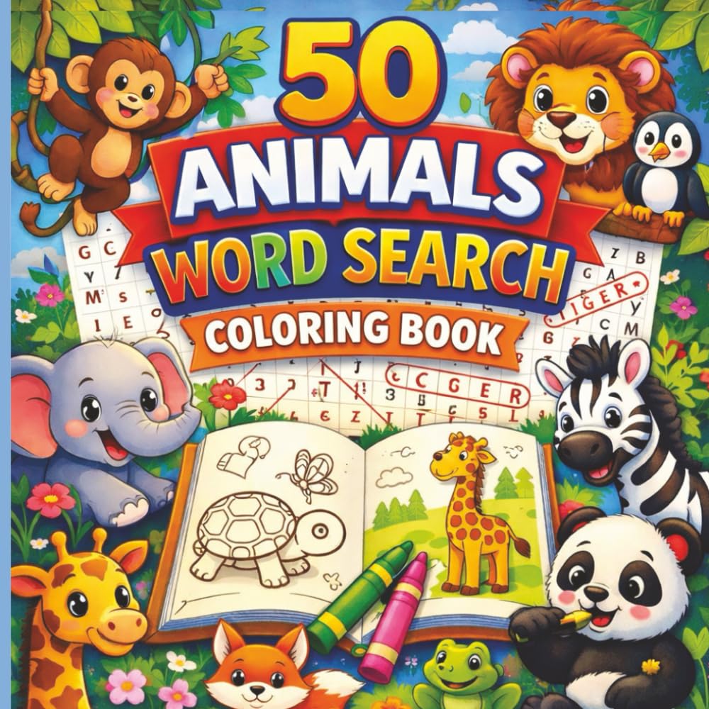 50 Animals Word Search Coloring Book: Word Search For Kids Age 6-12 , Activity Book For Kids , Animals Coloring Book , 50 Facts About Animals