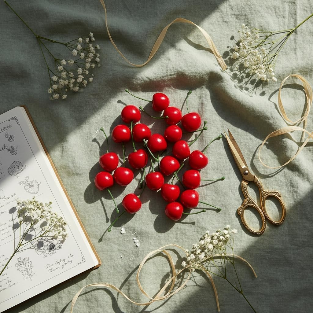 20Pcs Red Artificial Cherries, Fake Cherry Model Lifelike Fruit Cherry Ornament, Fake Cherries,Plastic Cherries, Home Kitchen Party Decoration Desk Ornament Photography Prop Home Décor