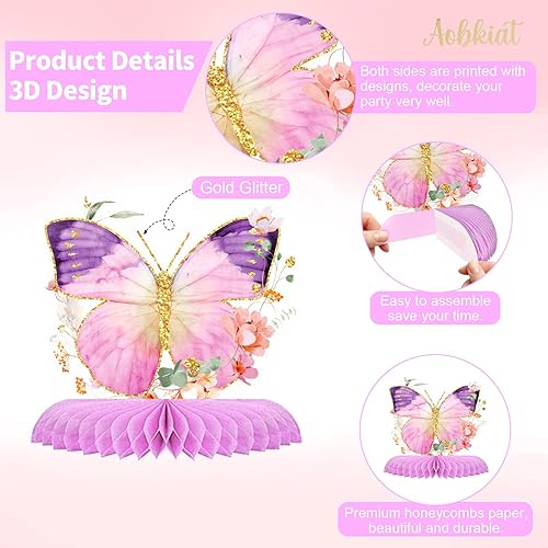 Miniatura 3 de AOBKIAT Decoraciones de fiesta de cumpleaños de mariposa para niñas, 9 piezas de centros de mesa de panal con purpurina para mesas para baby shower,
