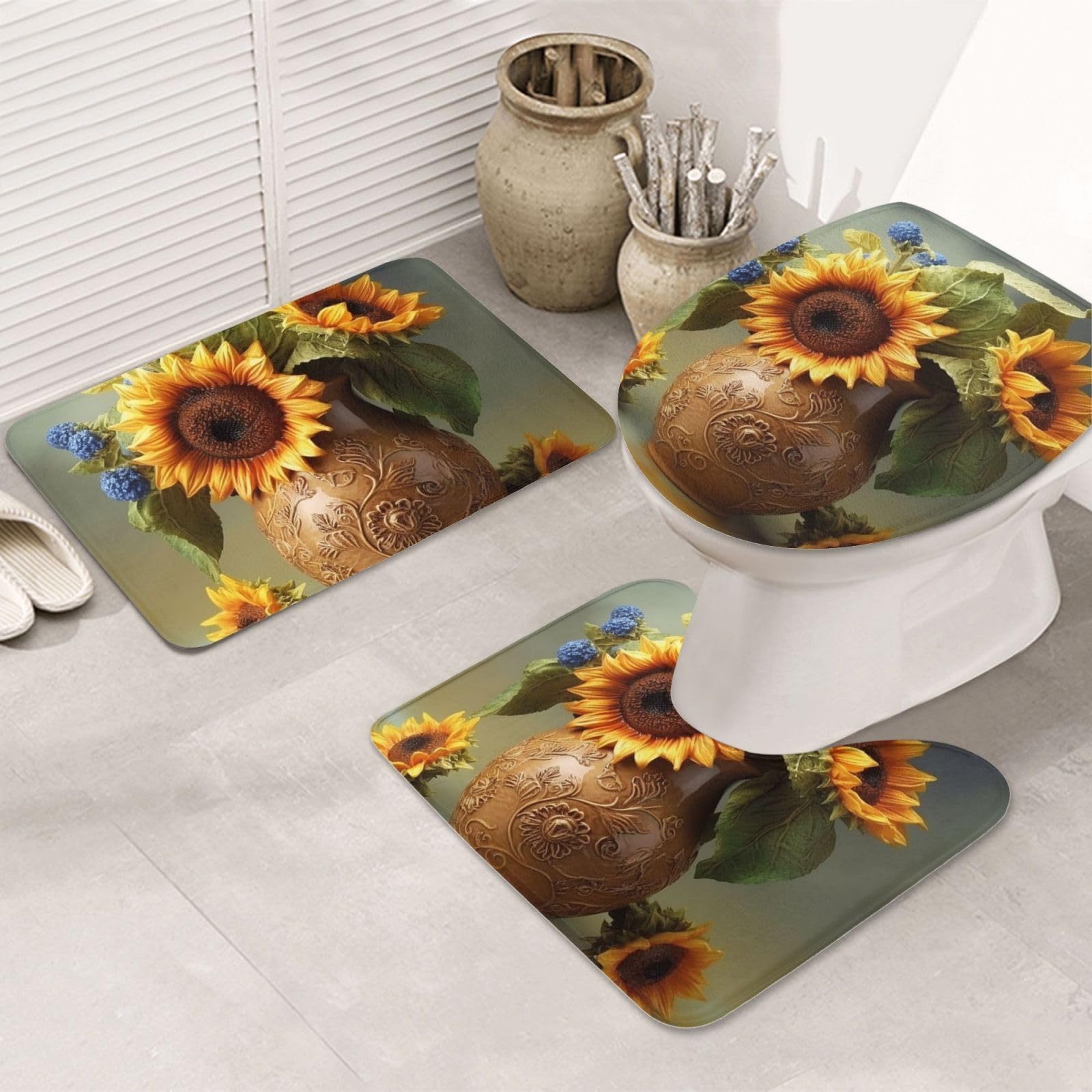 Dwrepo Vase Sunflower Print Bathroom Rug Set 3 Piece with Non-Slip U-Shaped Contour Mat and Toilet Lid Cover for Bathroom Decoration