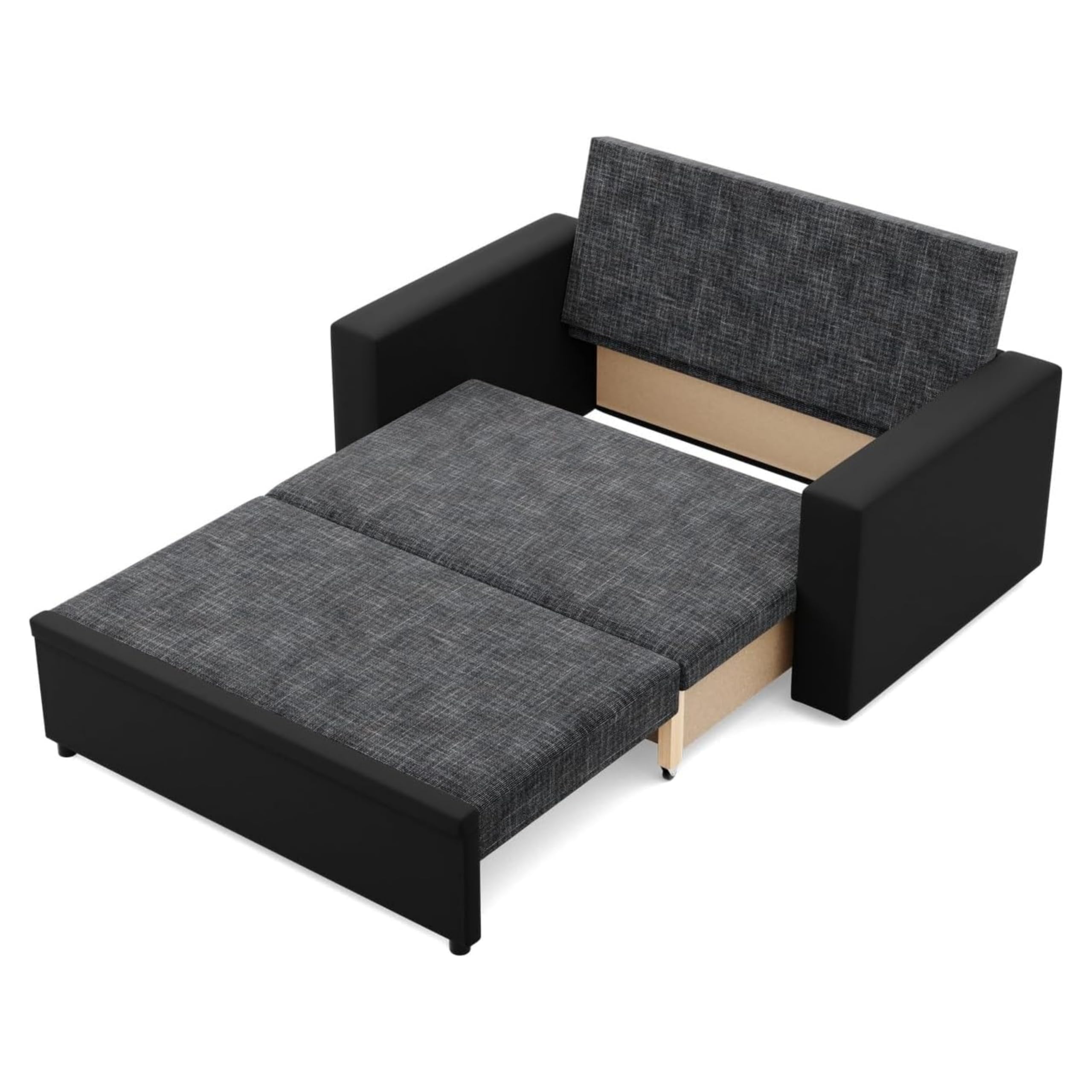Mebligo - Zweisitzer Sofa Wohnzimmer mit Schlaffunktion, Bettkasten und Kunsteleder 148x90x87 (BxHxT) Dunkelgrau und Schwarz Luna, Schlafsofa Platzsparend, Schlafcouch, Sofabett, Sofa Bed, Bettsofa