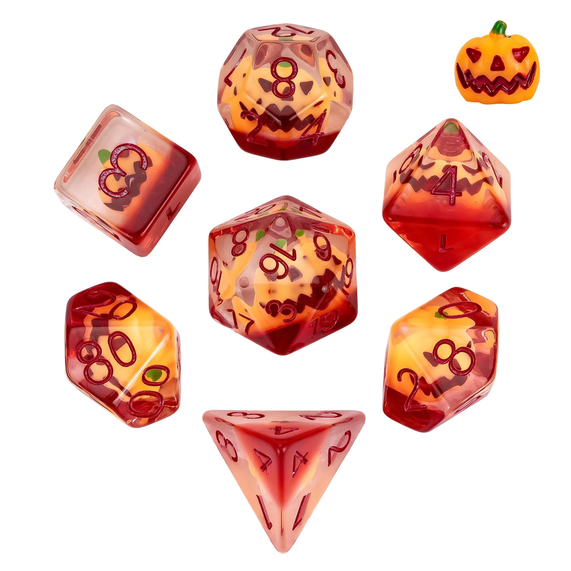 Cusdie 7-Piece Resin Dice Set including Pumpkin Design - Perfect for Halloween Tabletop Gaming Gifting Collecting