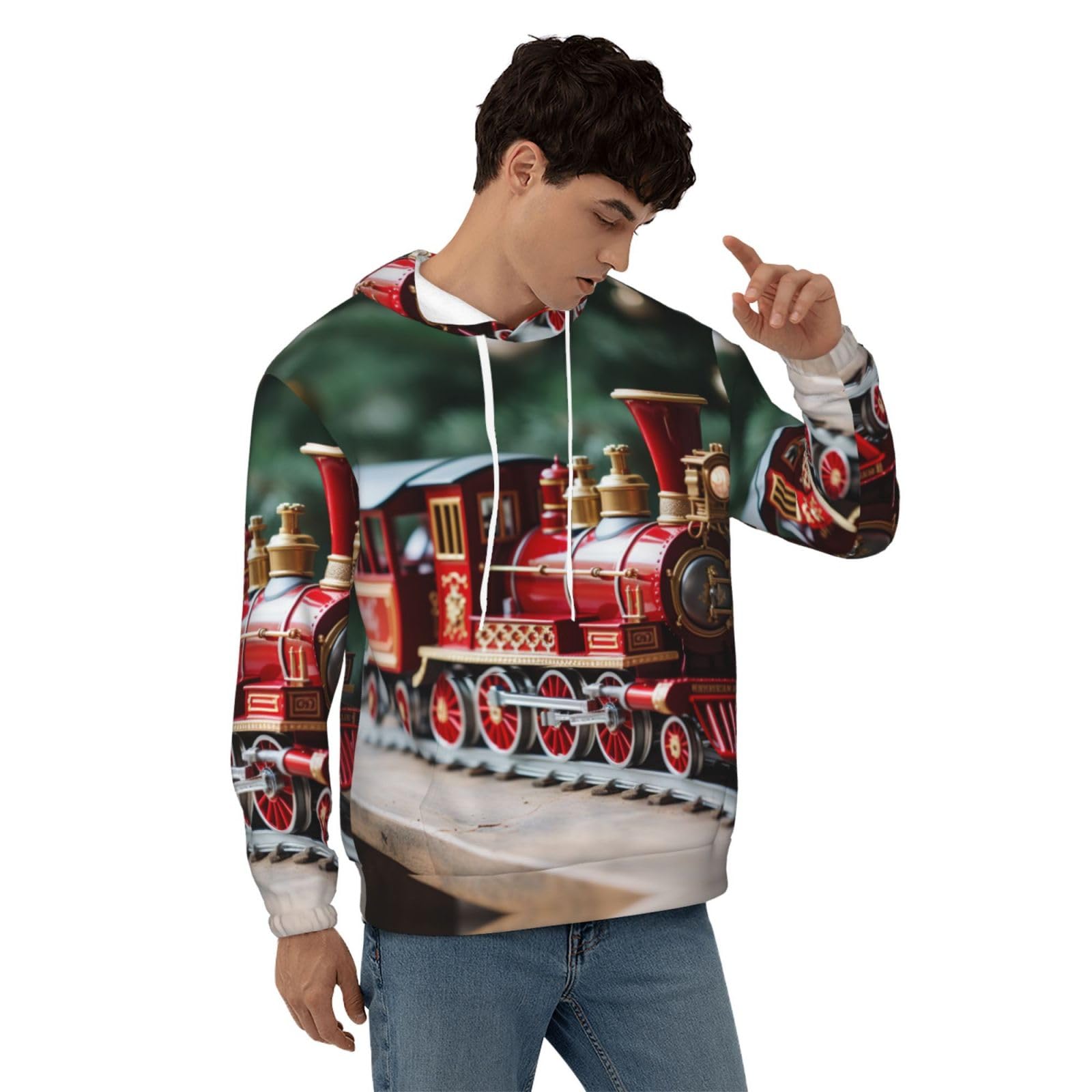 Męska bluza z kapturem z nadrukiem świątecznego pociągu, casualowa grafika z nadrukiem bluzy z kapturem z kieszenią