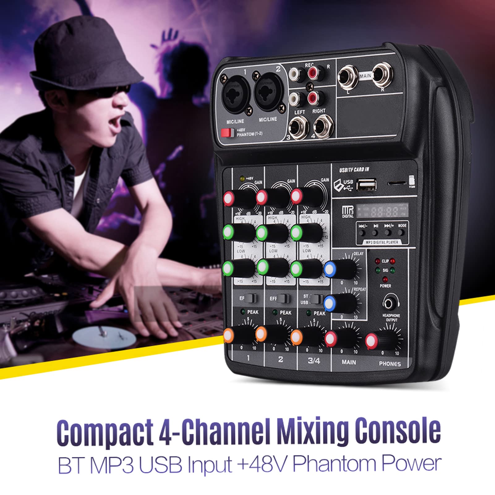 ACAGALA AI-4 Compact Mixing Console Digital Audio Mixer 4-Channel BT MP3 USB Input +48V Phantom Power for Music Recording DJ Network Live Broadcast Karaoke