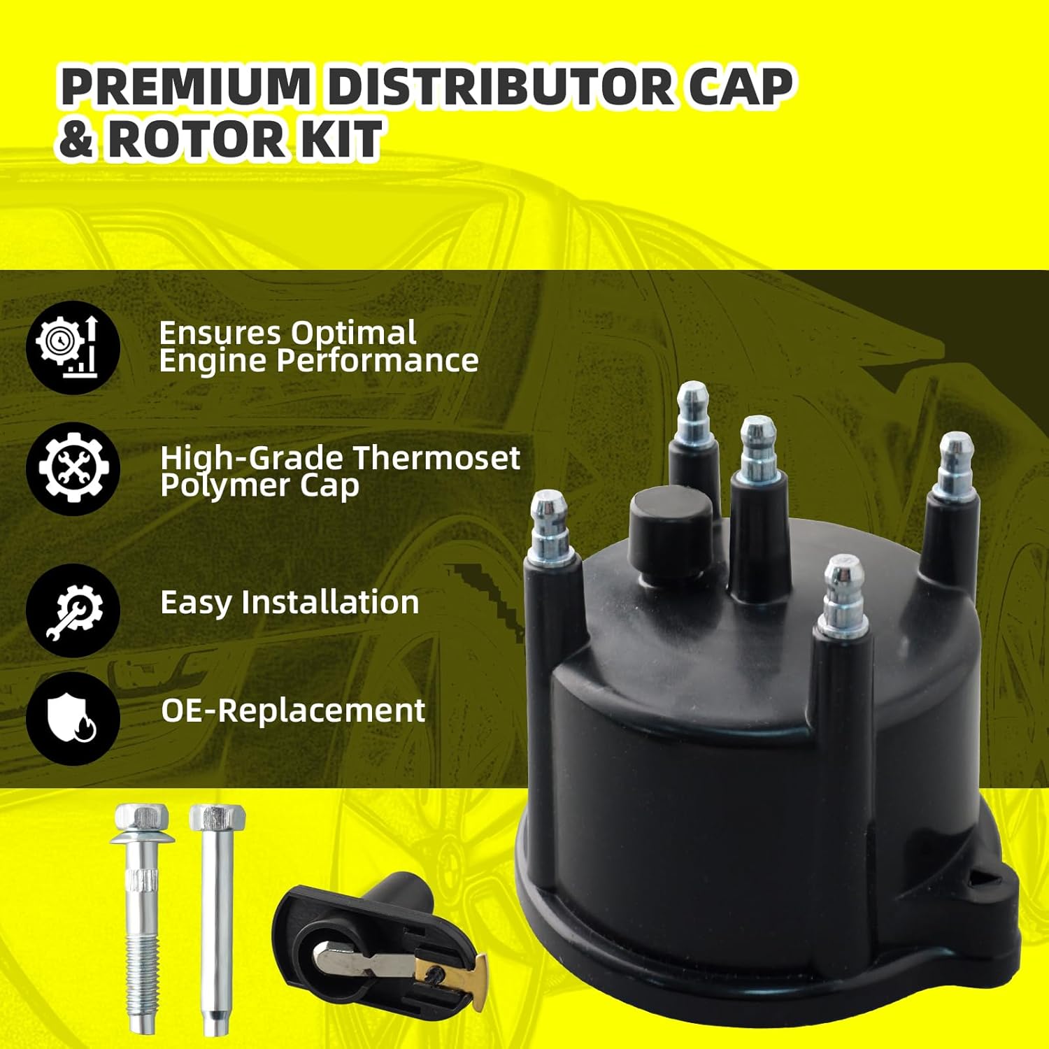 Ignition Distributor Cap & Rotor and Iridium Spark Plugs with Wire Set Tune Up Kit 671-4070 New FD316T Compatible with Jeep Wrangler TJ 1997-2002 Dodge Dakota 1999-2002 2.5L L4