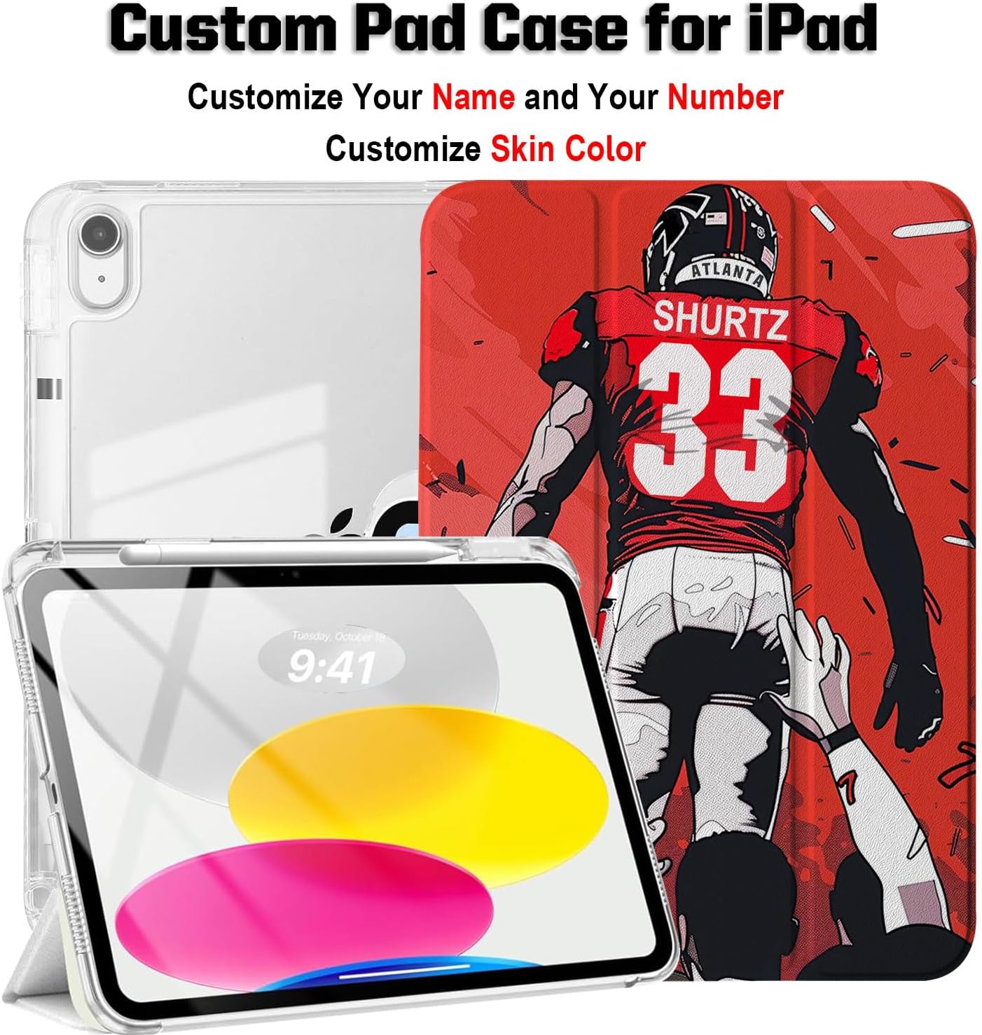 IKPYTREE Custom Name/Number Case for iPad (A16) 11th Gen 11 inch 2025 & 10th 10.9 inch 2022 & 9th/8th/7th Gen 10.2 inch 2021/2020/2019,with Football Lover’s,with Pencil Holder(Atlanta Red)
