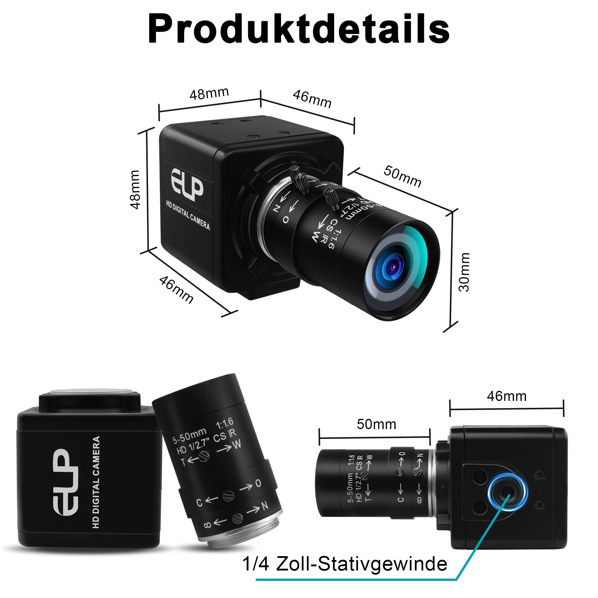 Monochrome USB Kamera mit Globalverschluss | 800P 120FPS ultraschnell, 5–50 mm CS Objektiv mit manuellem Fokus, Plug & Play für Motion Capture,kompatibel mit Raspberry Pi