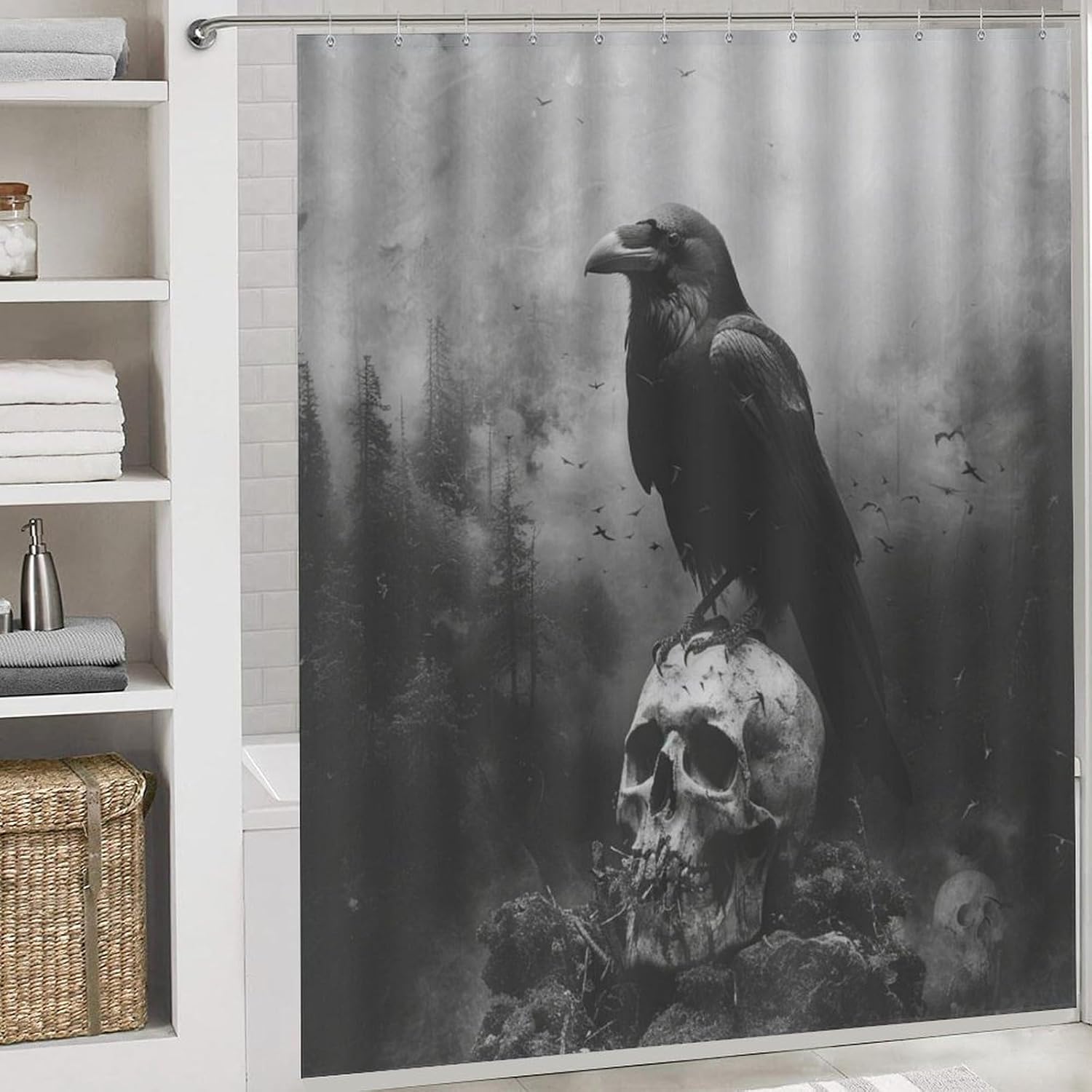 4Pcs Gothic Raven Skull Shower Curtain Set with Toilet Lid Cover Non-Slip Rugs for Bathroom, Retro Horror Crow Misty Forest Shower Curtain Bathroom Sets with Hooks, 72x72 Inch