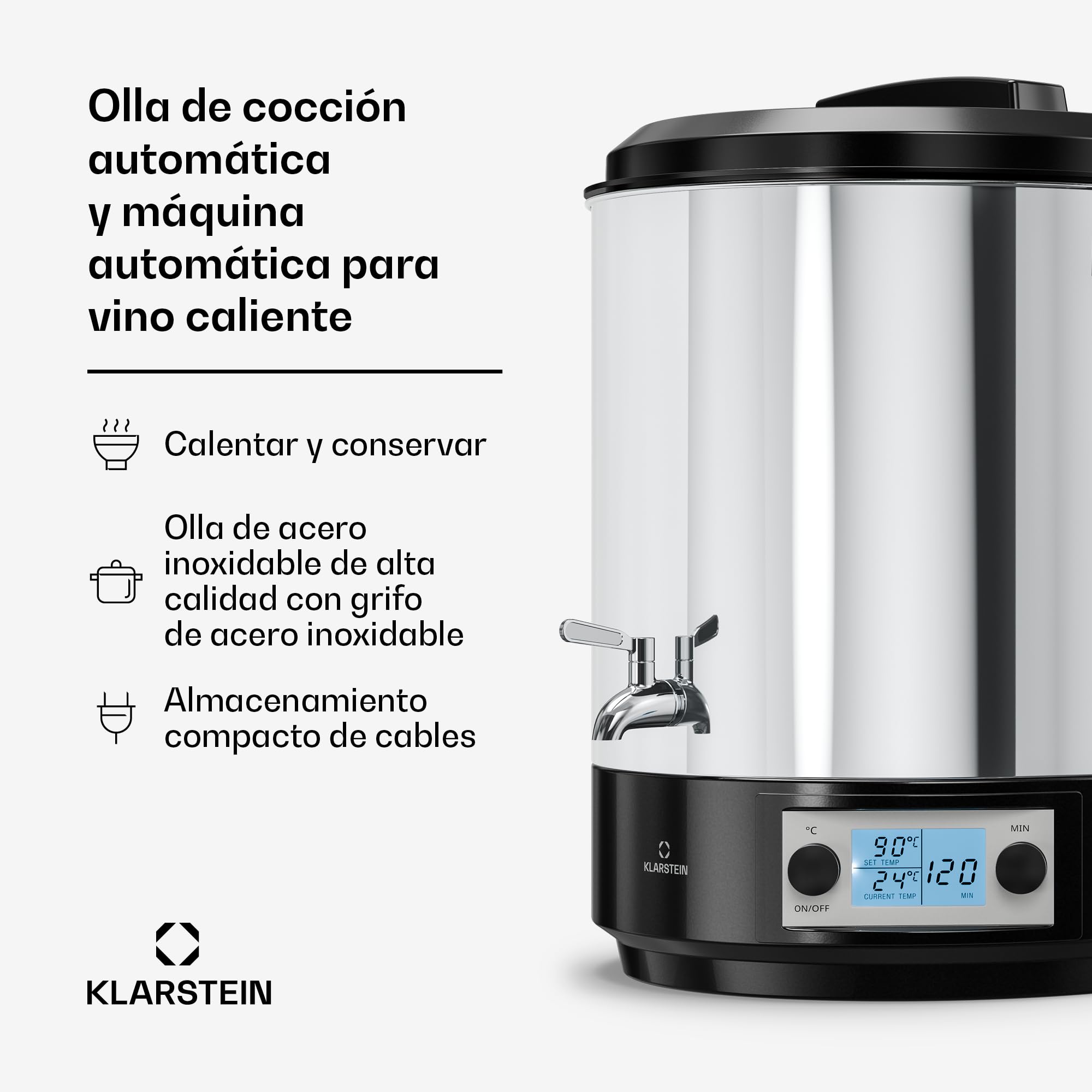 Klarstein Biggie Esterilizador Digital 25 L de Acero Inoxidable con Grifo de Acero Inoxidable, 2000 W, 30–100 °C, Pantalla LCD, Temporizador, Conservas y Vino Caliente