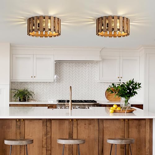 Miniatura 6 de Lámpara rústica de montaje empotrado de 3 luces, 12.2 pulgadas de tambor redondo de madera de granja, lámpara de techo semiempotrada para pasillo,