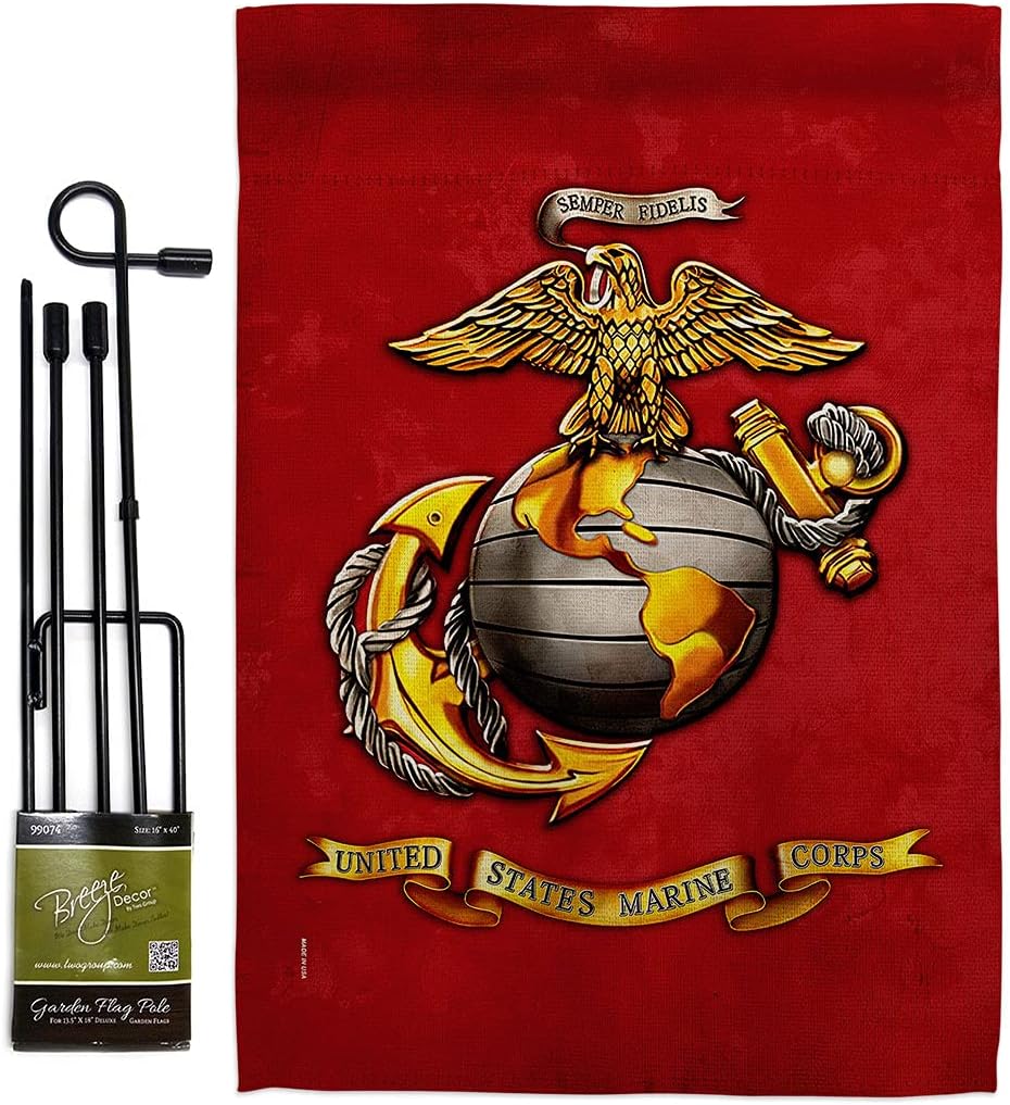 US Marine Corps Garden Flag - Set with Stand Armed Forces USMC Semper Fi United State American Military Veteran Retire Official - House Banner Small Yard Gift Double-Sided Made In USA 13 X 18.5