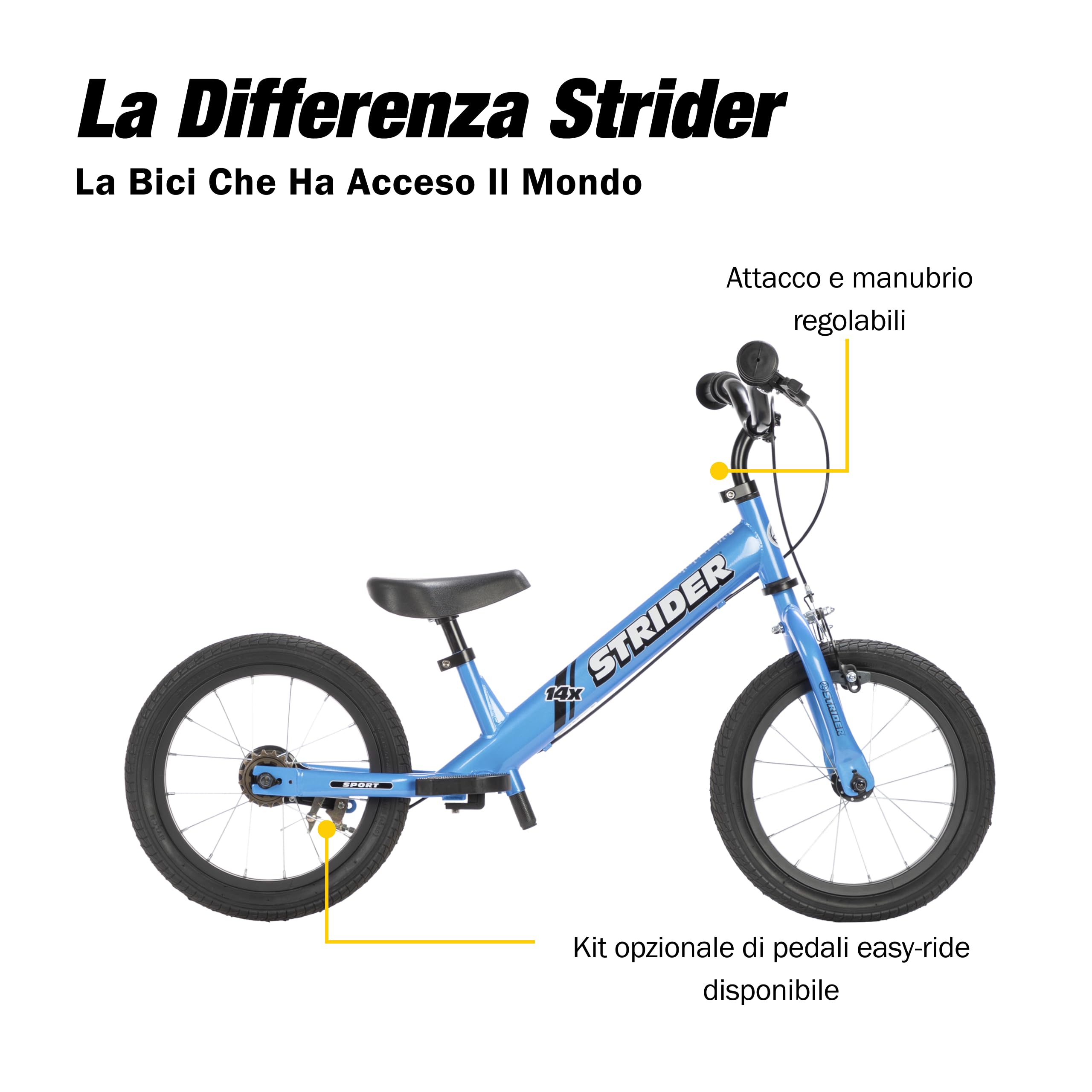 Strider 14x - Bicicletta da bilanciamento per bambini dai 3 ai 6 anni - Maniglie adattate, sella imbottita, poggiapiedi e pneumatici per tutti gli usi - Montaggio facile