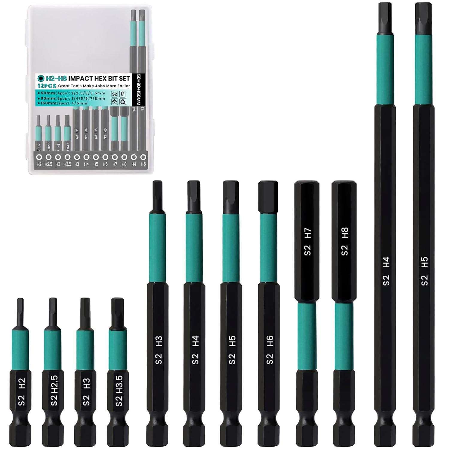 Impact Drill Allen Key Set 50mm+90mm+150mm Long, Allen Wrench Drill Bit Set H2-H8 Metric Hex Key Screwdriver Driver Bits, 1/4" Hex-Shank S2 Steel, 3 Lengths Meet Various Needs for Ikea Furniture