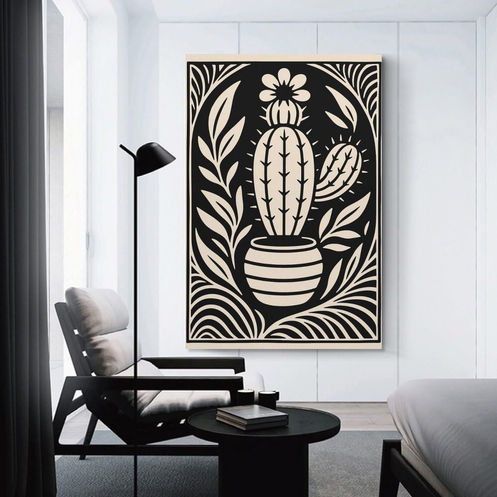 Junmoney Cactus in Pot Black And Beige Wall Art Print, 24x36inch(60x90cm), for Lounge Decor, Bedroom Walls Or Flats, Decorative Artwork for Empty Walls