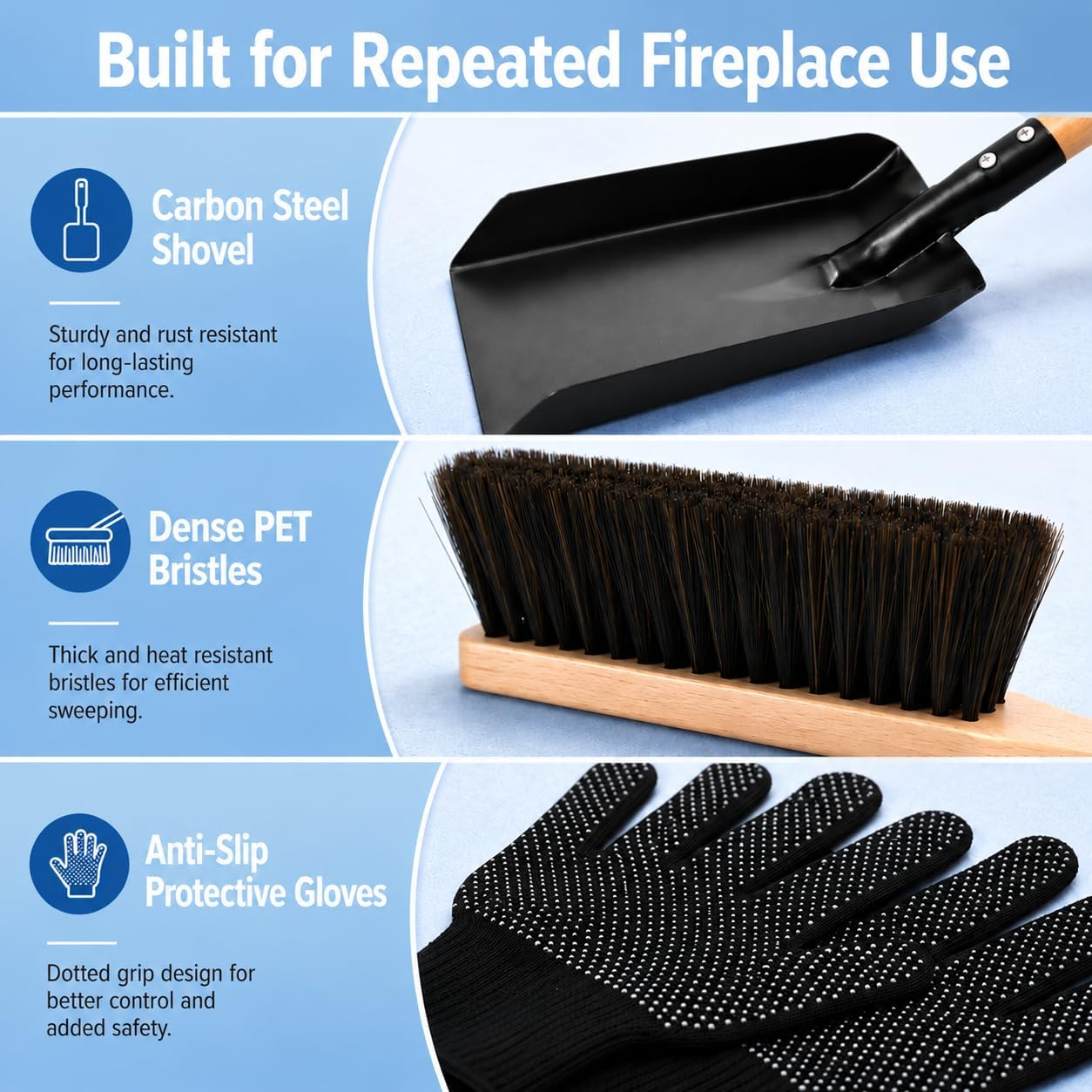 Fireplace Ash Shovel and Brush Set with Gloves