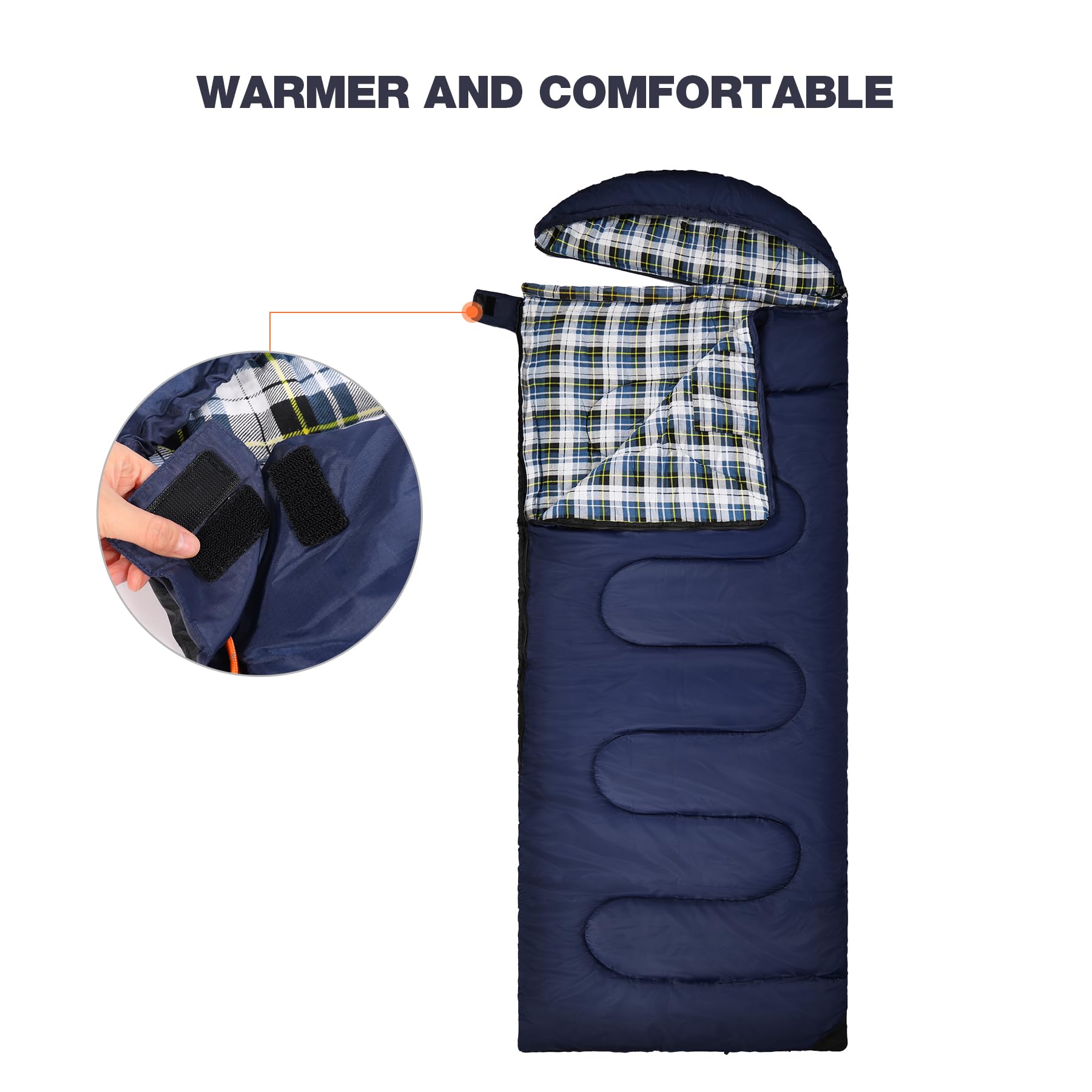 REDCAMP Flannel Sleeping Bag for Adults, Large Cotton Sleeping Bags for Camping with Detachable Hood, Blue Plaid with 3lbs Filling