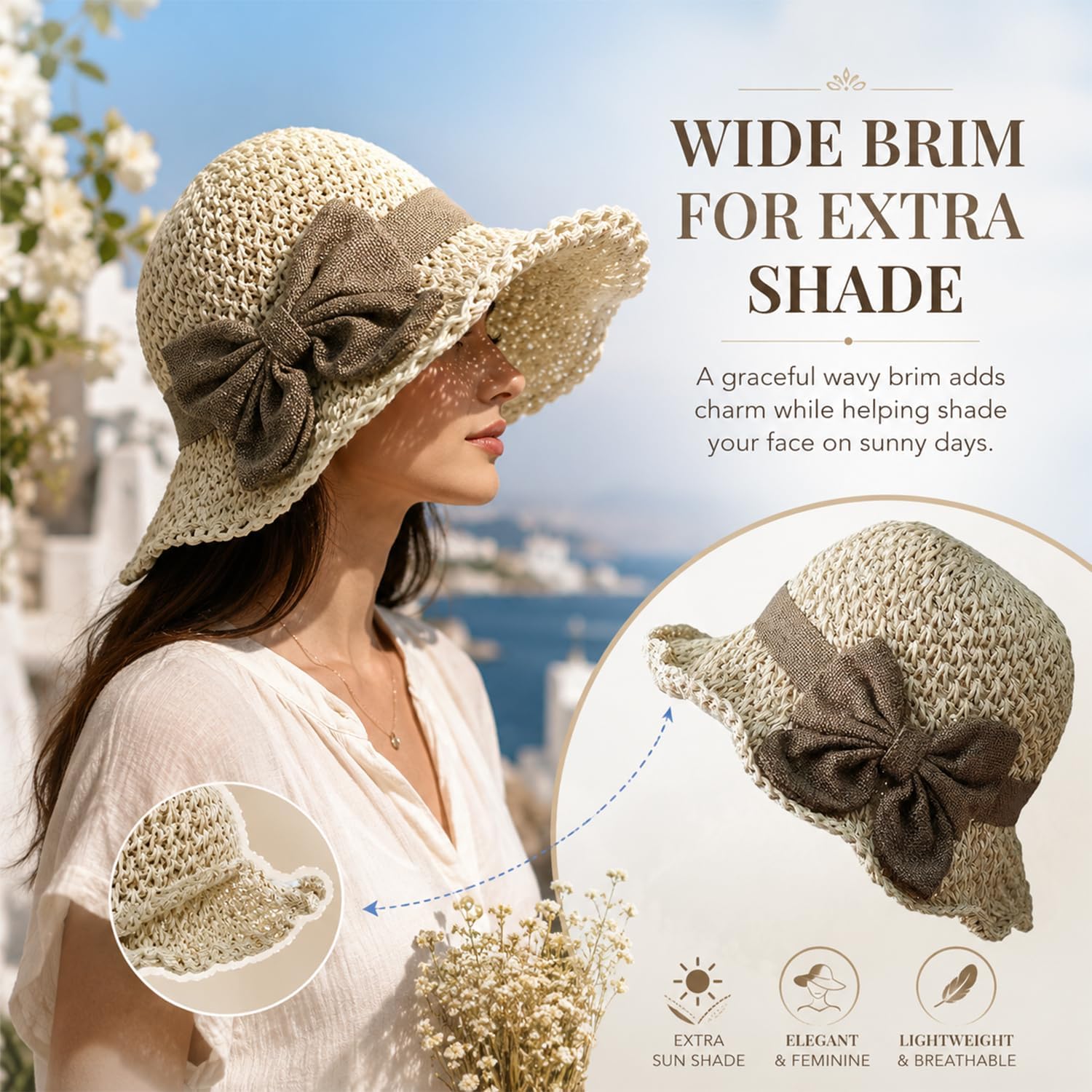 Elegant Woven Straw Sun Hat with Bow, Summer Beach Sun Straw Hats for Women, Foldable Wide Brim Floppy Beach