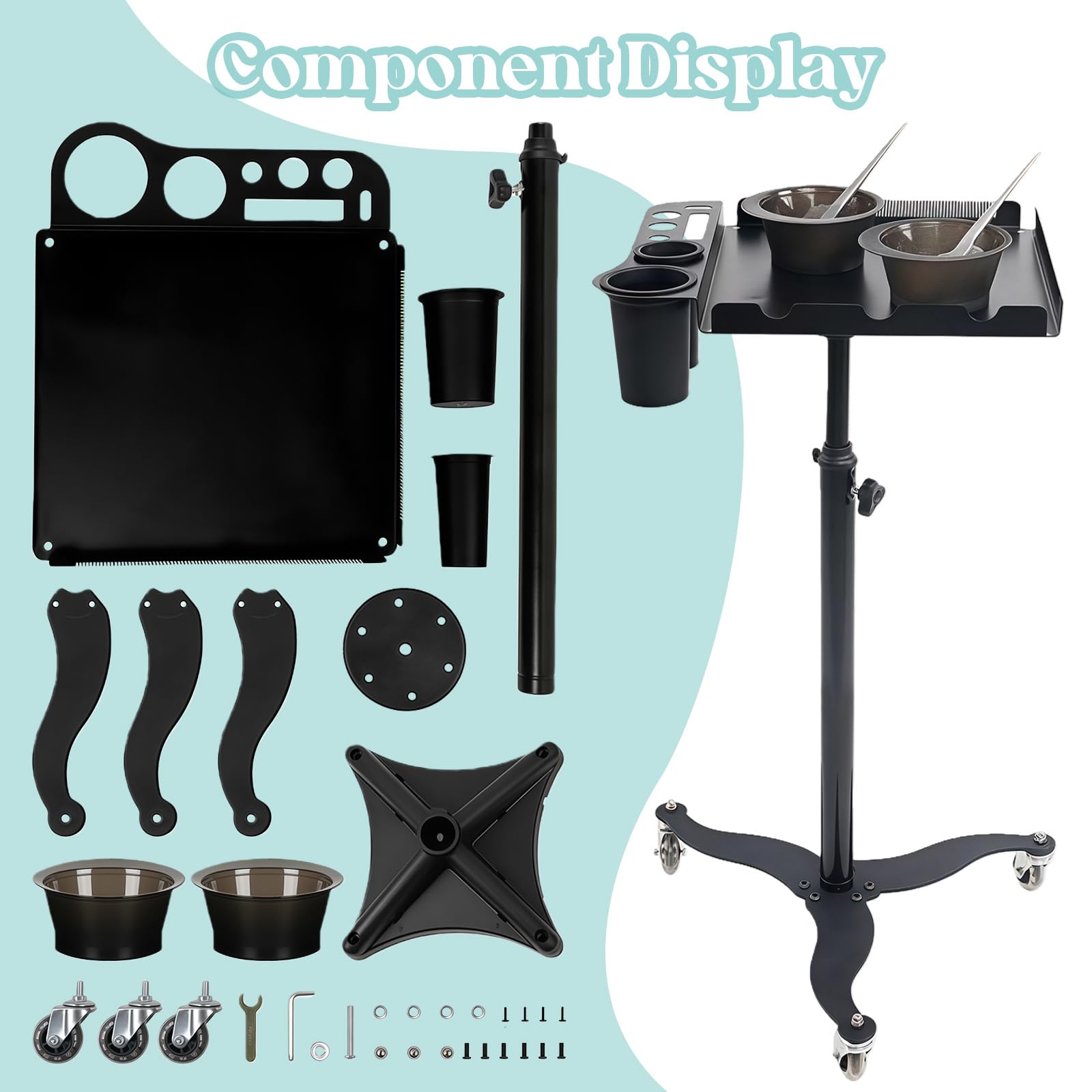Bandeja de salón con ruedas con soporte, bandeja de servicio de salón ajustable en altura, de acero inoxidable, carrito de salón de peluquería, carrito de peluquería, estación de trabajo de tatuajes