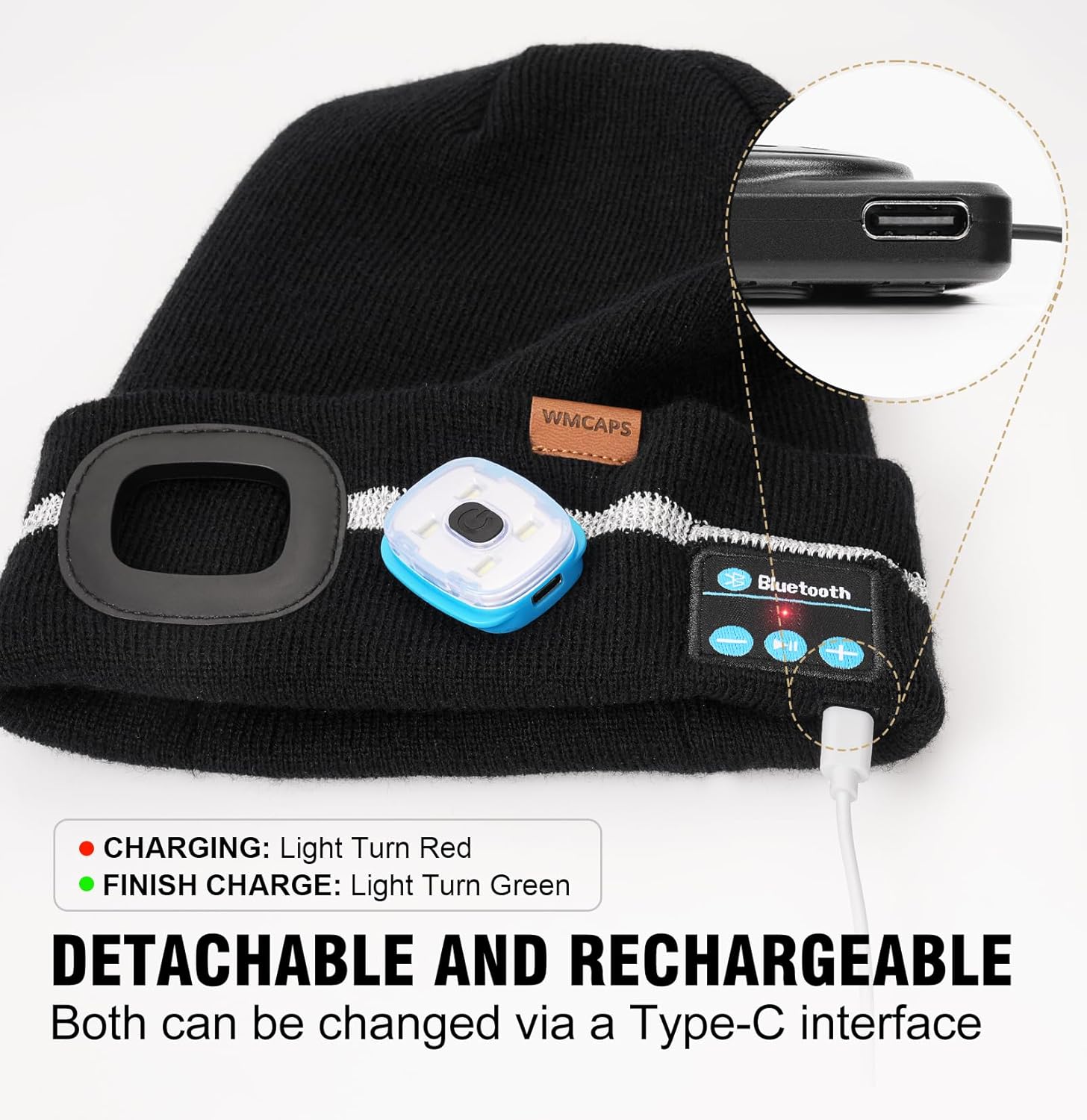 Wmcaps Reflective Stripe Bluetooth Beanie with a Light High Visibility Winter Hat with Light and Speakers Gifts for Men Dad - Image 5