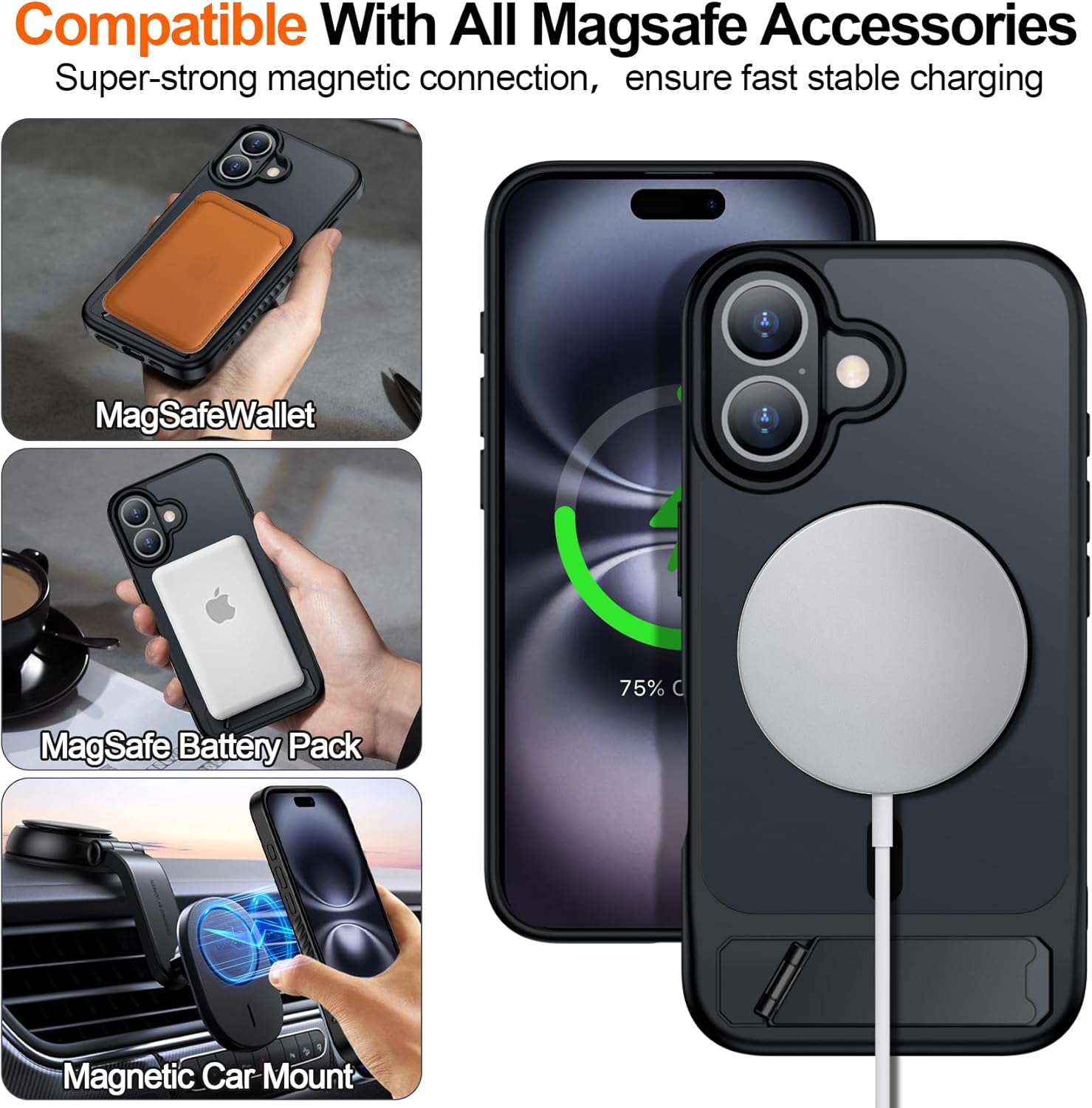 for iPhone 16 Plus Case with Kickstand,[Compatible with Magsafe] Slim Translucent Matte Military-Grade Protection & Anti-Yellowing,Magnetic Phone Case for iPhone 16 Plus,Black - Image 4