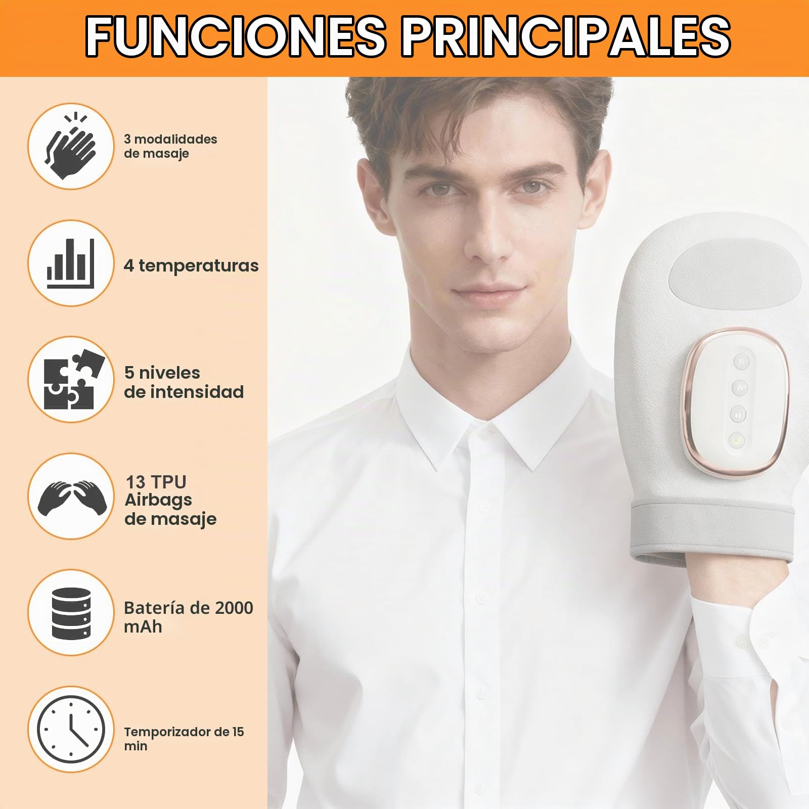 Masajeador de Manos Inteligente，Con Calor y Compresión de Aire, 3 Modos 5 Intensidades, Sin Cable para Confort y Relajación de Manos, Recargable Regalo