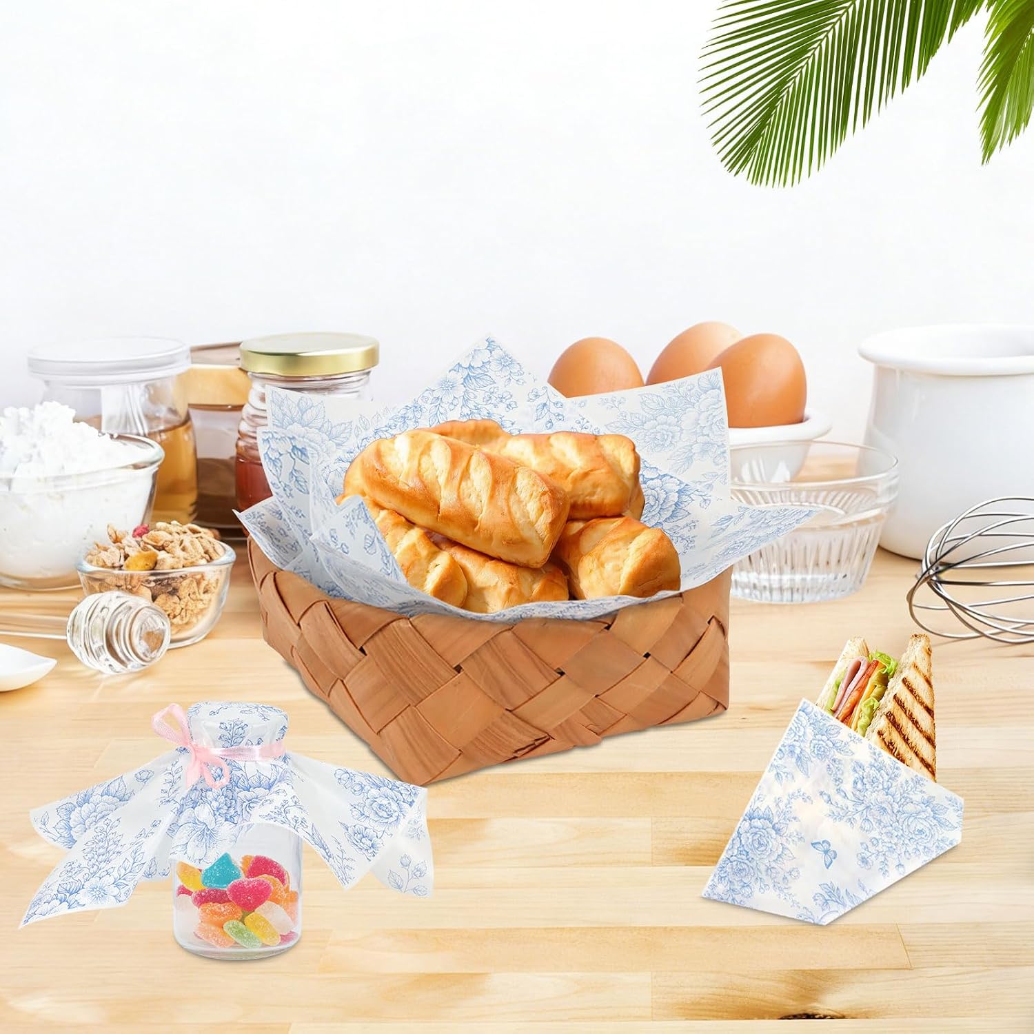 CCINEE 150pcs Blue Floral Wax Paper Sheet for Food Wrapping Chinoiserie Flower Greaseproof Sandwich Wrapping Paper for Picnic Basket Liner Party Kitchen Supplies, 8.7 x 9.8 inch