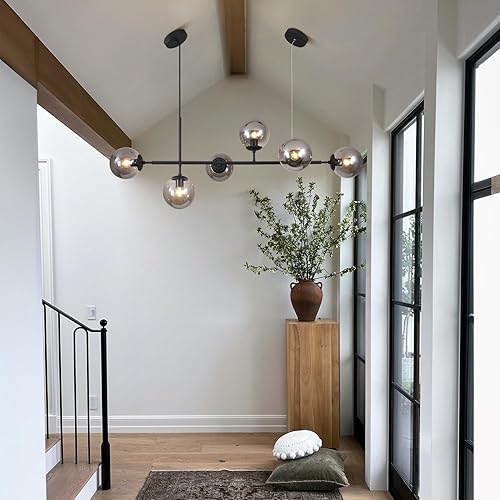 Miniatura 9 de KCO - Lámpara colgante de mediados de siglo de 6 luces, con globos de cristal color gris ahumado, moderno candelabro colgante ajustable para