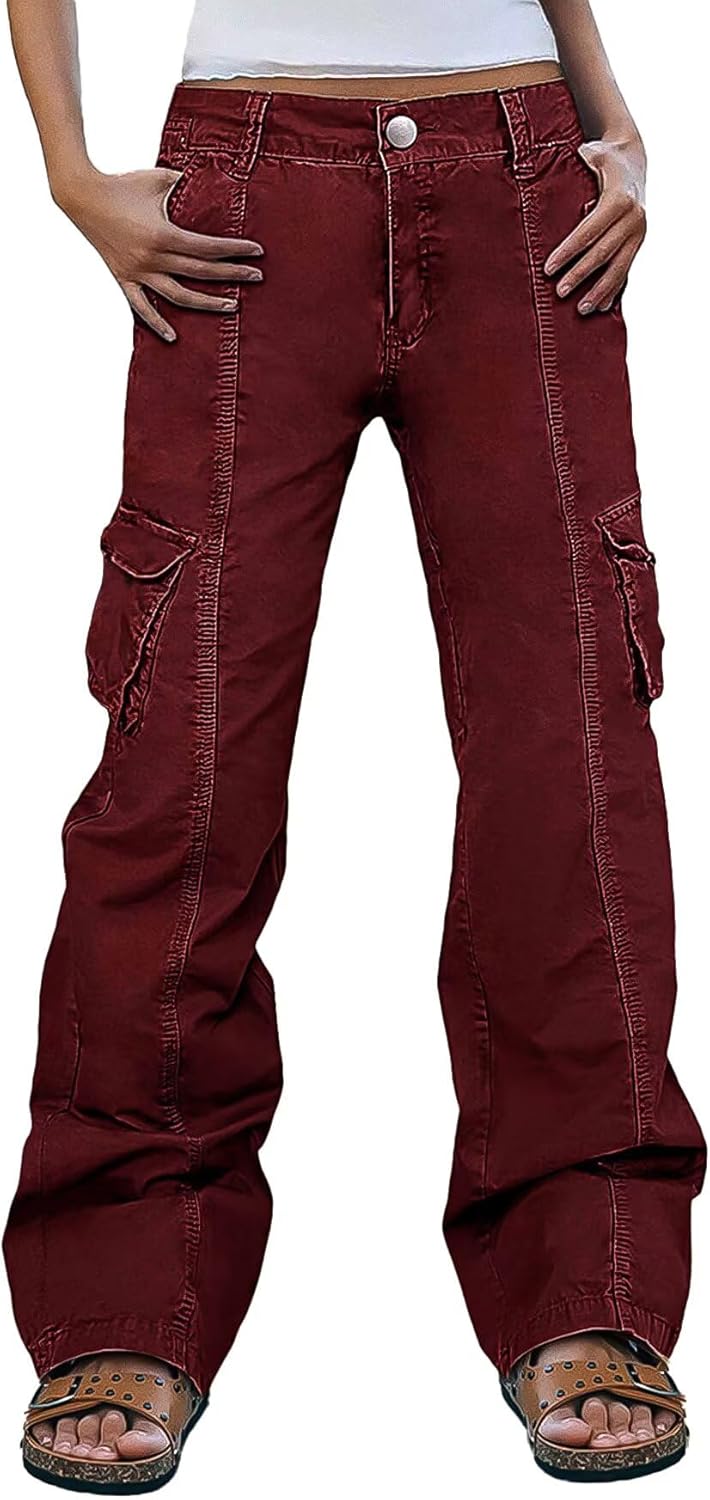 Flamingals Women Solid Flap Pocket Mid Rise Straight Leg Cargo Pants Vintage Stretch Cotton All Season Long Pants