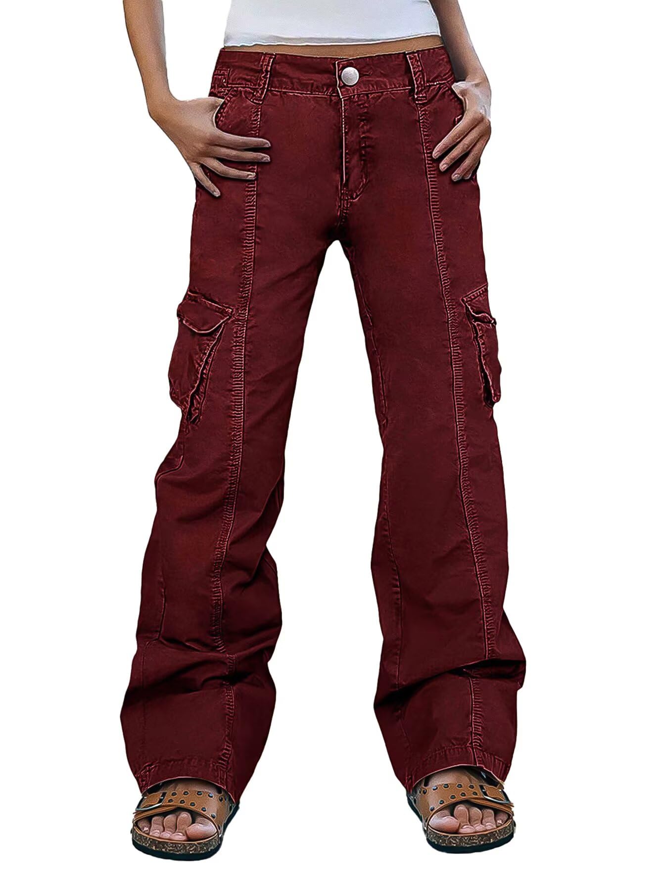 Flamingals Women Solid Flap Pocket Mid Rise Straight Leg Cargo Pants Vintage Stretch Cotton All Season Long Pants