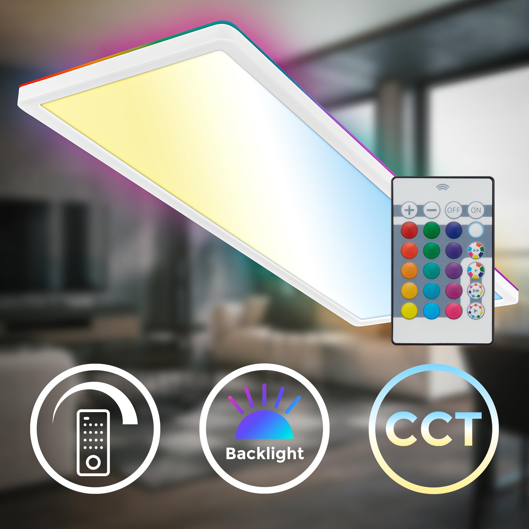 B.K.Licht - Lampada da soffitto LED piatta con telecomando, retroilluminazione RGBIC, superficie luminosa CCT, dimmerabile, lampada, plafoniera, lampada da soggiorno, pannello 58x20x2,5 cm, bianco