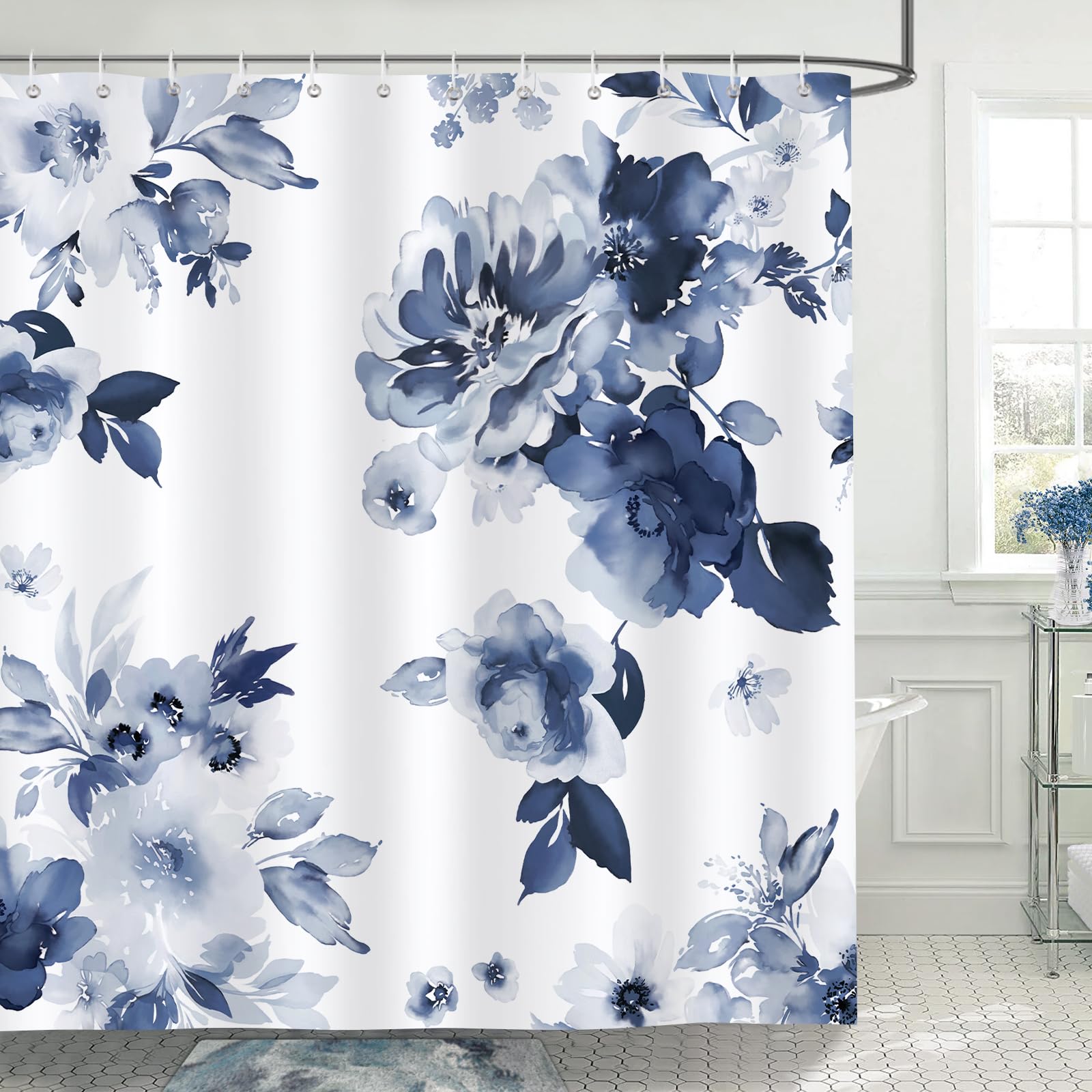 Bonhause Cortina de Ducha Flores Azules Marino Floral de Acuarela Moderno Tinta Plantas Cortina de Baño de Poliéster Impermeable Antimoho Lavable Cortina Ducha 180 x 180 cm con 12 Ganchos