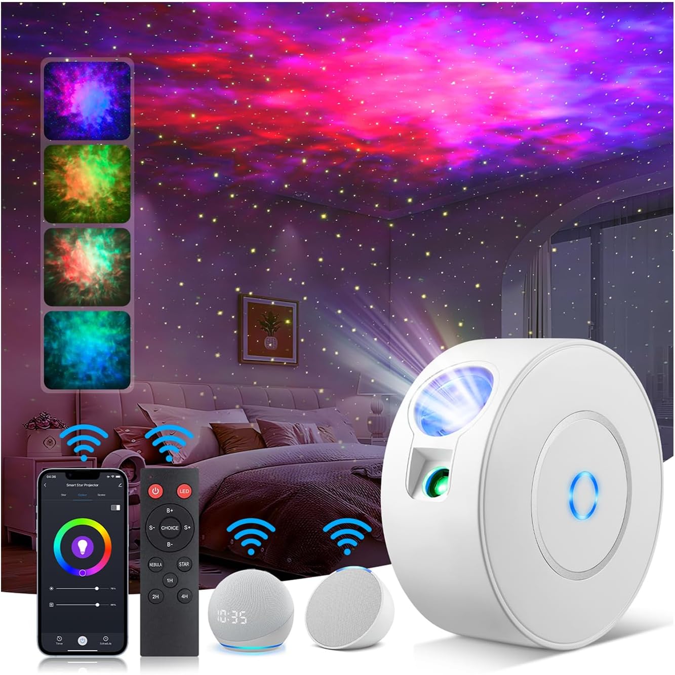 Smart Galaxy Projector with Laser Stars & Nebula Clouds - Control via APP, Alexa Voice or Button, 16 Million Colors, 900+ Sq.Ft Projection, Auto Timer, Ultra Quiet <25dB, 4 Angle Adjustable