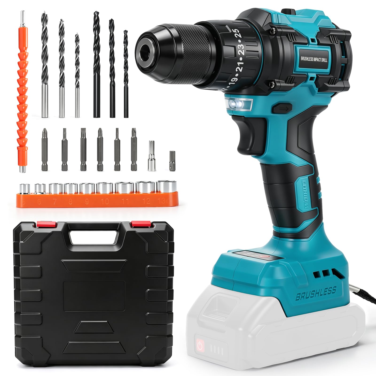 Juego de taladro y destornillador inalámbrico compatible con batería Makita de 18 V (sin batería), portabrocas de 3/8 pulgadas, 50 NM, taladro combinado eléctrico sin escobillas con embrague de 25+3