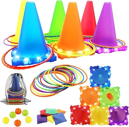 VATOS Jeux Exterieur Enfant Parcours de Motricité - 3 en 1 Jeu de Balle, Anneau et Sac de Haricots Lumineux, Jouets de Jardin, de Carnaval et de fête pour Les Enfants