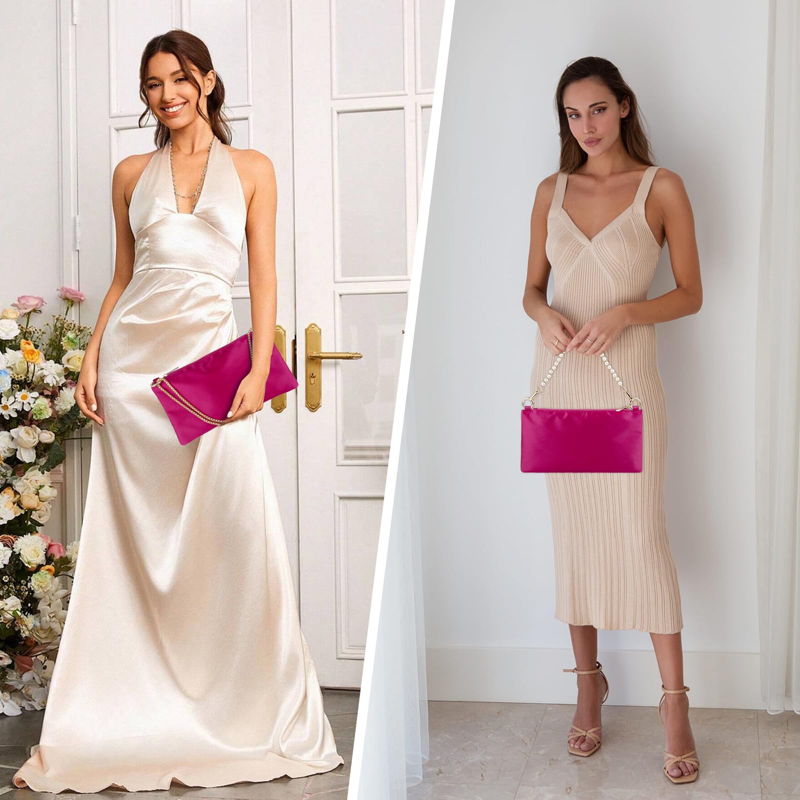 MGBPEI Bolso de noche de satén para mujer, para boda, graduación, formal, cóctel, fiesta, bolso de hombro con 2 cadenas