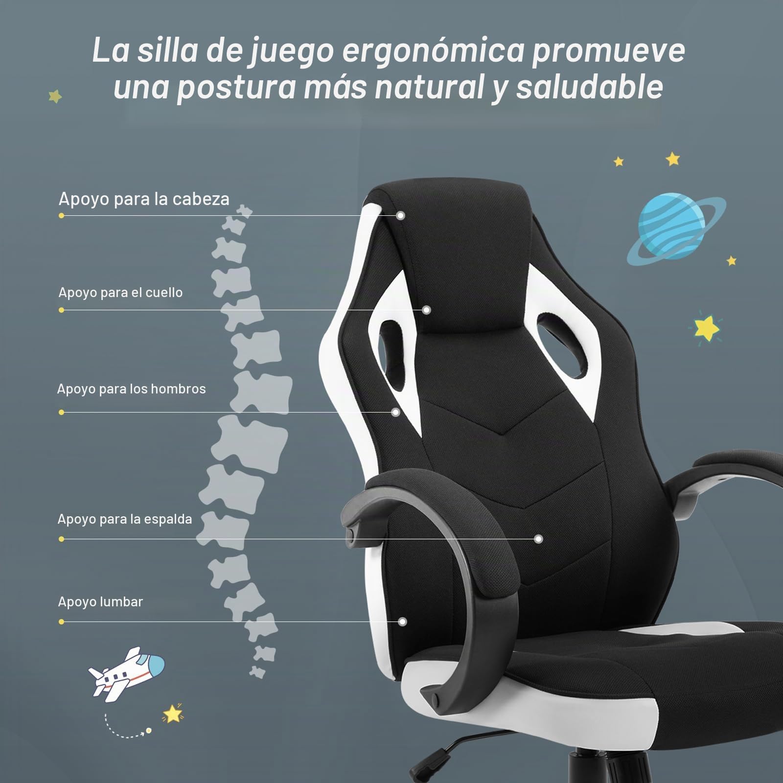 WOLTU Silla Gaming,Silla de Oficina Ergonómic,Blanco+Negro | con Tela Transpirable,Giratoria con Ruedas Silenciosas, con Reposacabezas y Apoyabrazos, Carga Máxima 150 kg