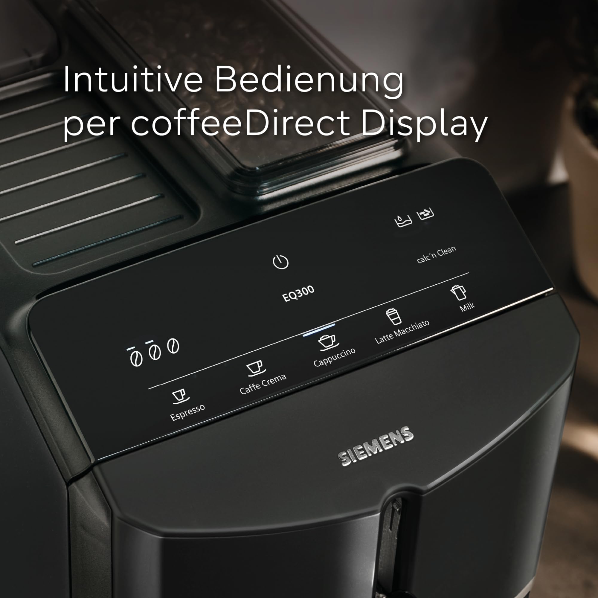 Siemens Kaffeevollautomat EQ300, Milchaufschäumdüse für Cappuccino, Latte Crema, 5 Kaffee- und Milchgetränke auf Knopfdruck, entnehmbare Brüheinheit, einfache und schnelle Reinigung, Schwarz, TF301E19