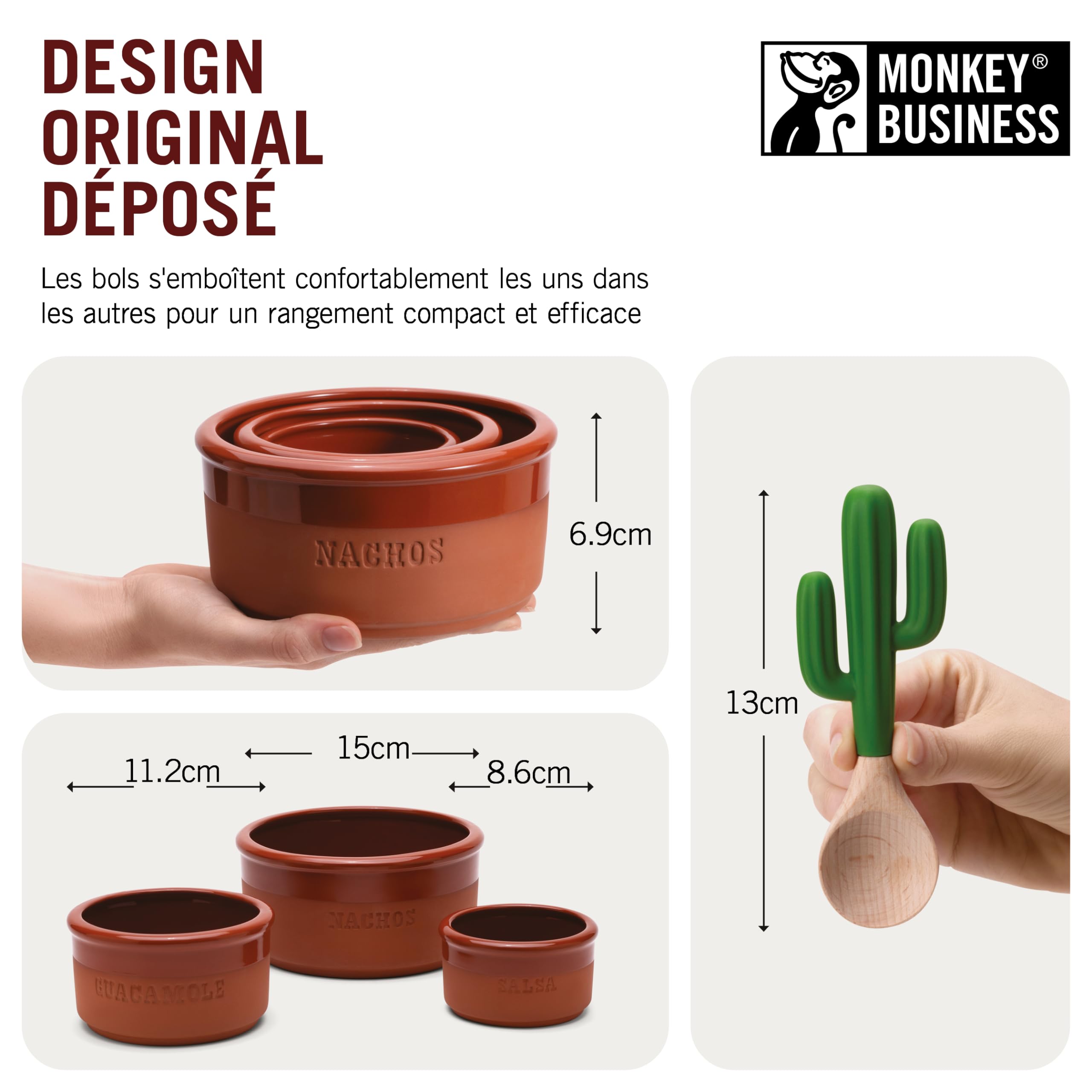 Monkey Business Bowlero : Kit de Bols en Terre Cuite pour Trempettes Mexicaines, Guacamole, Salsa et BBQ - 3 Bols à Soupe + 2 Cuillères