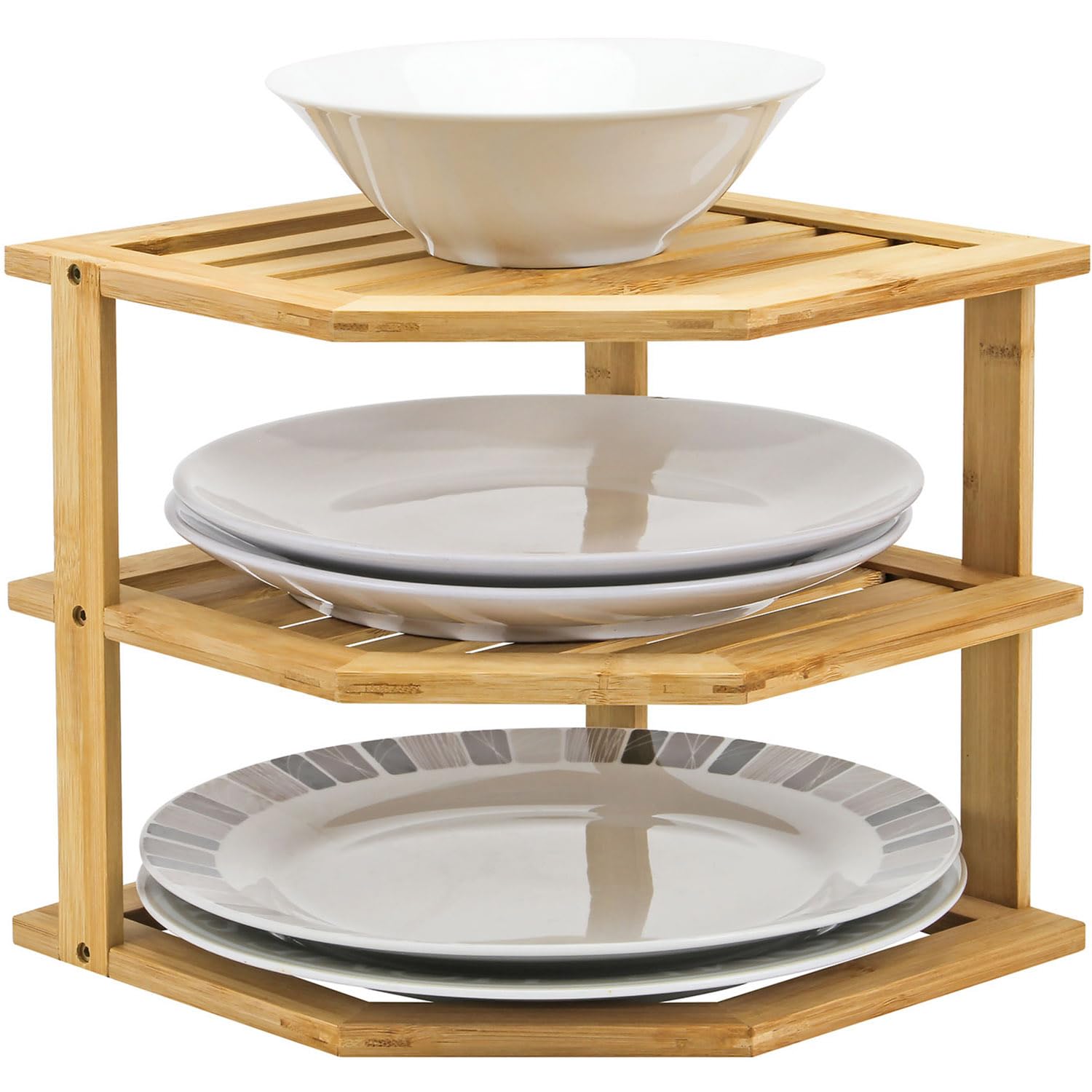 Taylor & Brown Bamboo Cabinet Shelf Organiser - 3 Tier Corner Shelf for Kitchen & Bathroom Countertop Cabinet Organiser Plate Rack Tidy Cupboard Shelf Insert Storage Organisation (Natural)
