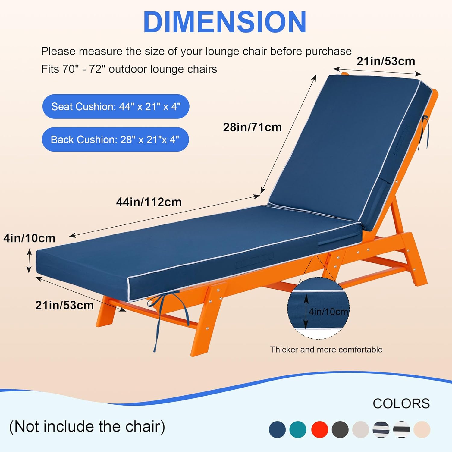 72 x21 x4 inch chaise lounge cushions outdoor, 6 ties and 2 handles, removable waterproof fade cover, patio lounge chair cushion for outdoor lawn deck pool furniture,2pcs, blue white piping 72 x21 x4 inch blue white piping 2