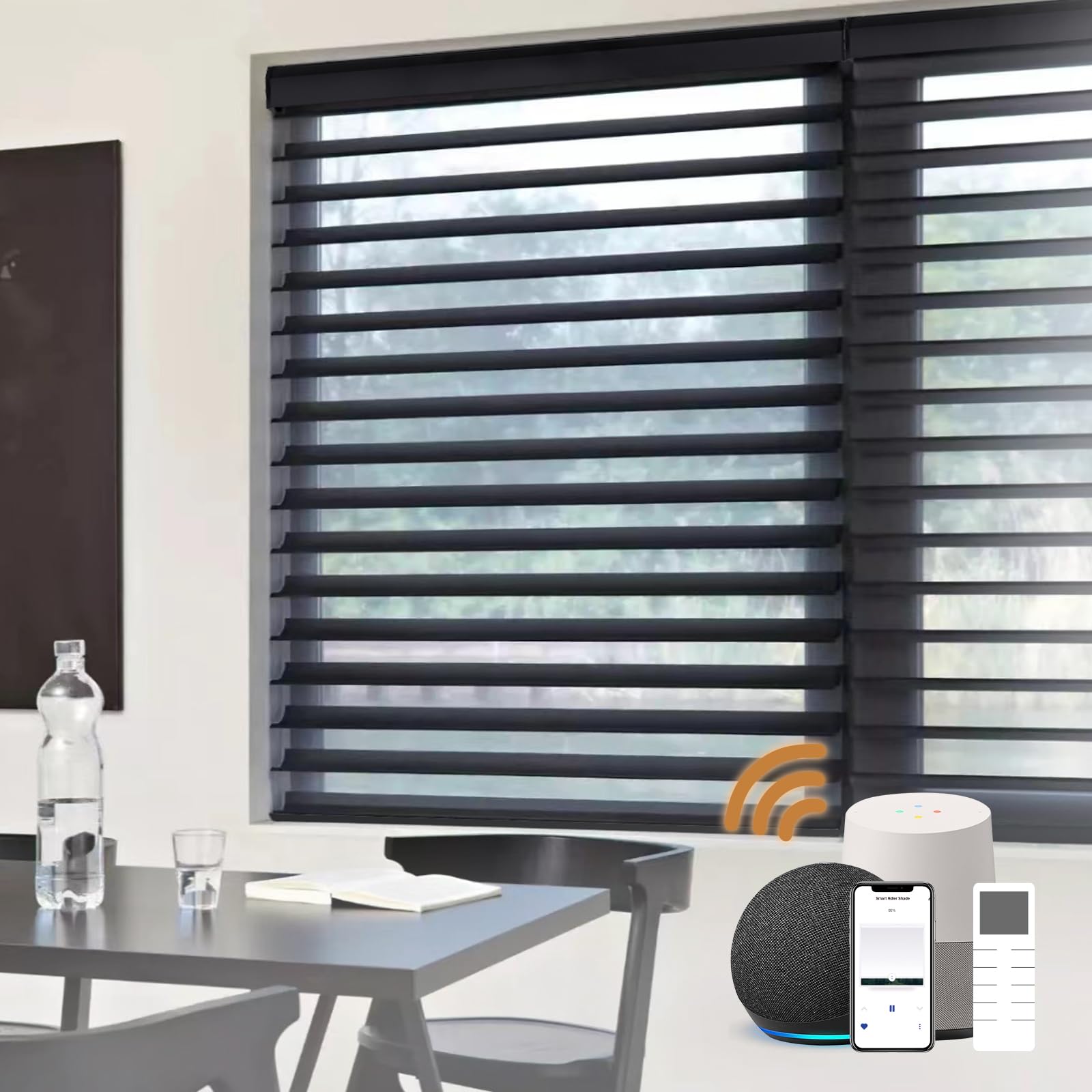 JOYENG Motorized Window Blind Shangri-la Sheer Shade Compatible with Alexa, Remote Control Wireless Battery Light Filtering Dual Layer Shade for Privacy Customized Size (Black—90% Blackout)