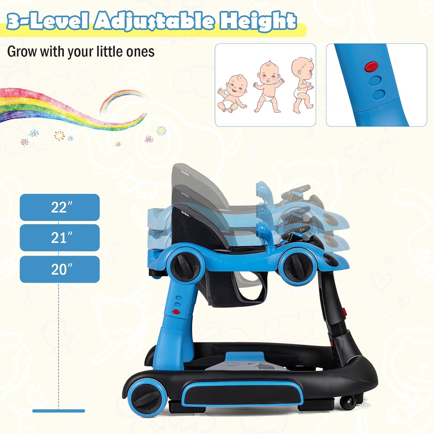 HONEY JOY Baby Walker, 7-in-1 Foldable Baby Bouncer and Rocker Combo, Infant Activity Center w/Canopy, Wheels, Adjustable Height/Speed, Music, Lights, Walker for Baby Boy Girl 7-18 Months (Blue)