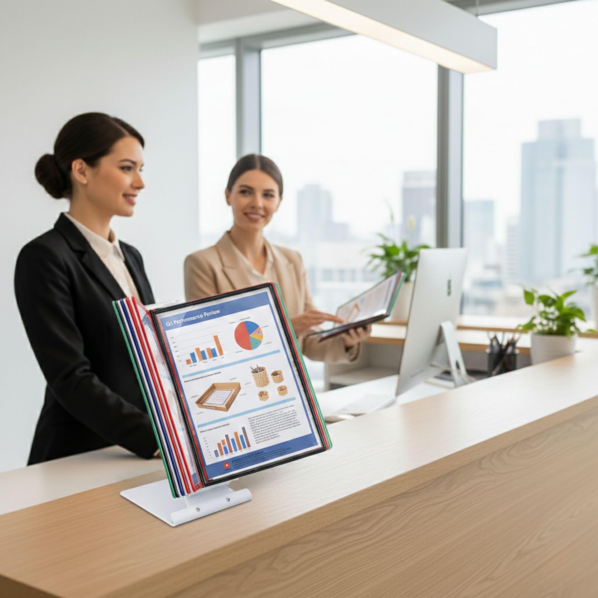 LEVIATAN Tisch-Sichttafelsystem A4 | 10 Präsentationstafeln | Stabiler Metall-Standfuß | Dokumenten-Display für Büro, Werkstatt, Empfang | Mehrfarbig