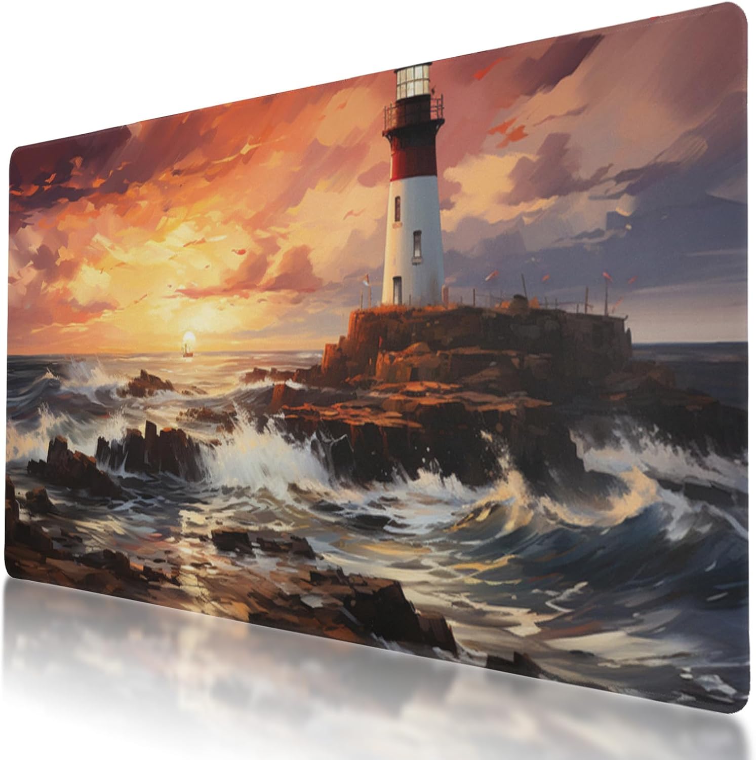Lighthouse at Sunset Inspired Design, Large Mouse Pad 35.5 x 16 Inch, Non-Slip Base, Stitched Edges, Perfect for Gaming or Office